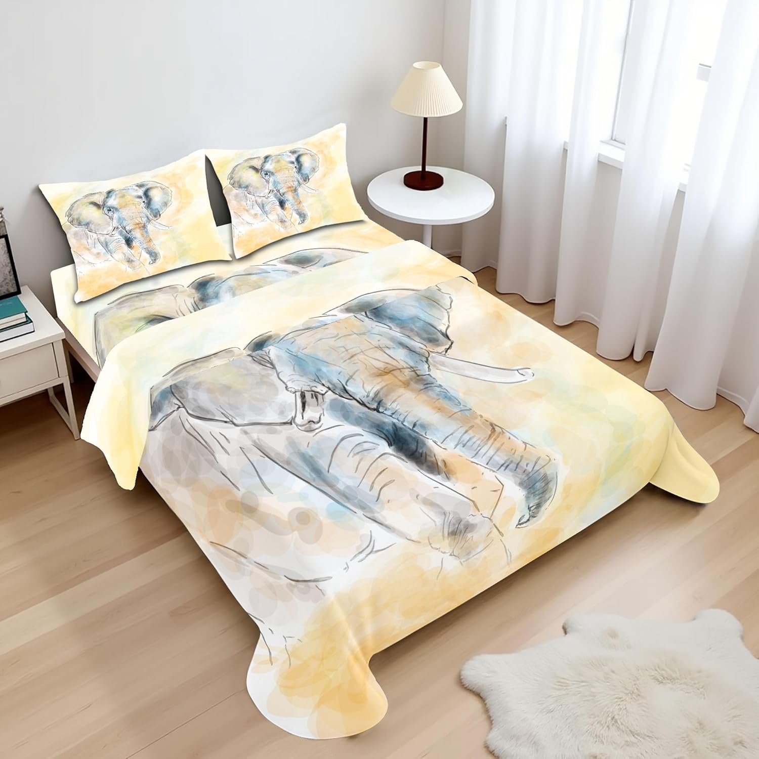 Ambesonne Animal Sheet Set, Watercolor Style Illustration Wild Creature Savannah Exotic Wildlife Theme Print, Fitted and Flat Sheet with Pillowcase Bedding Accent 4 Piece Set, Full, Grey Cream