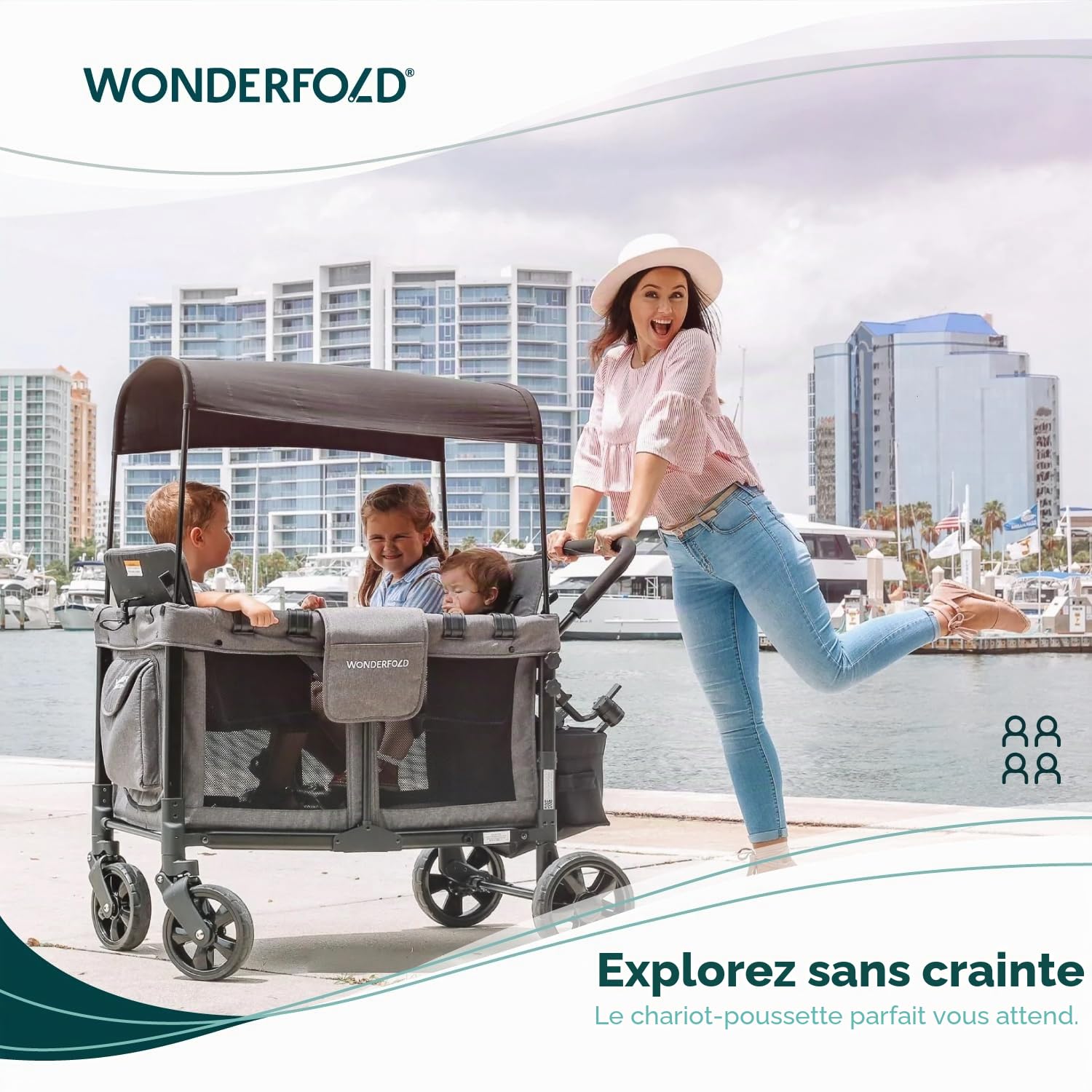 WONDERFOLD W4 Original Poussette (4 places) – Poussette pliable avec sièges avec harnais à 5 points, porte zippée facile d'accès et pare-soleil amovible, gris