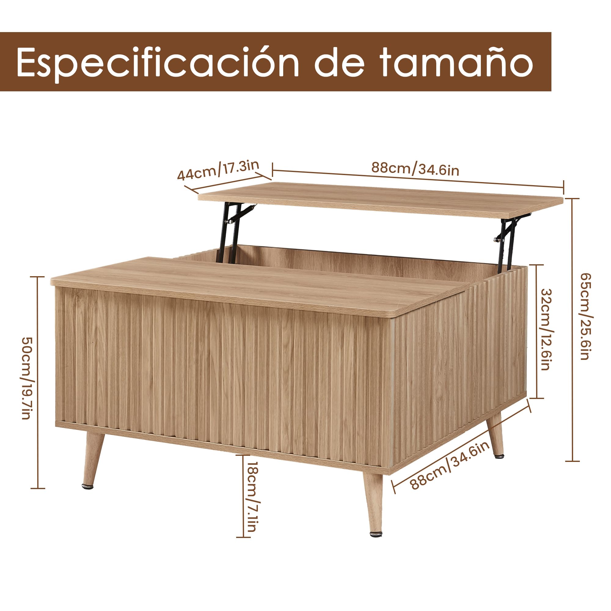 Mesa de centro cuadrada con estante extensible, mesa de centro de altura ajustable con espacio de almacenamiento y superficie acanalada para sala de estar, oficina en casa, estudio o escritorio.