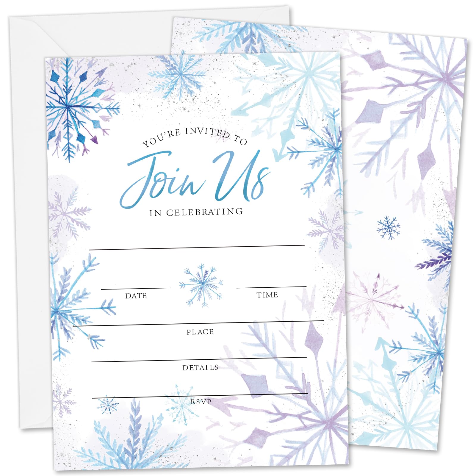 AnyDesign Christmas Invitations 20 Sets Purple Blue Snowflake Invitation Cards with Envelopes Stickers Winter Blank Invites for Baby Shower Wedding Birthday Dinner Party, 5 x 7 Inch