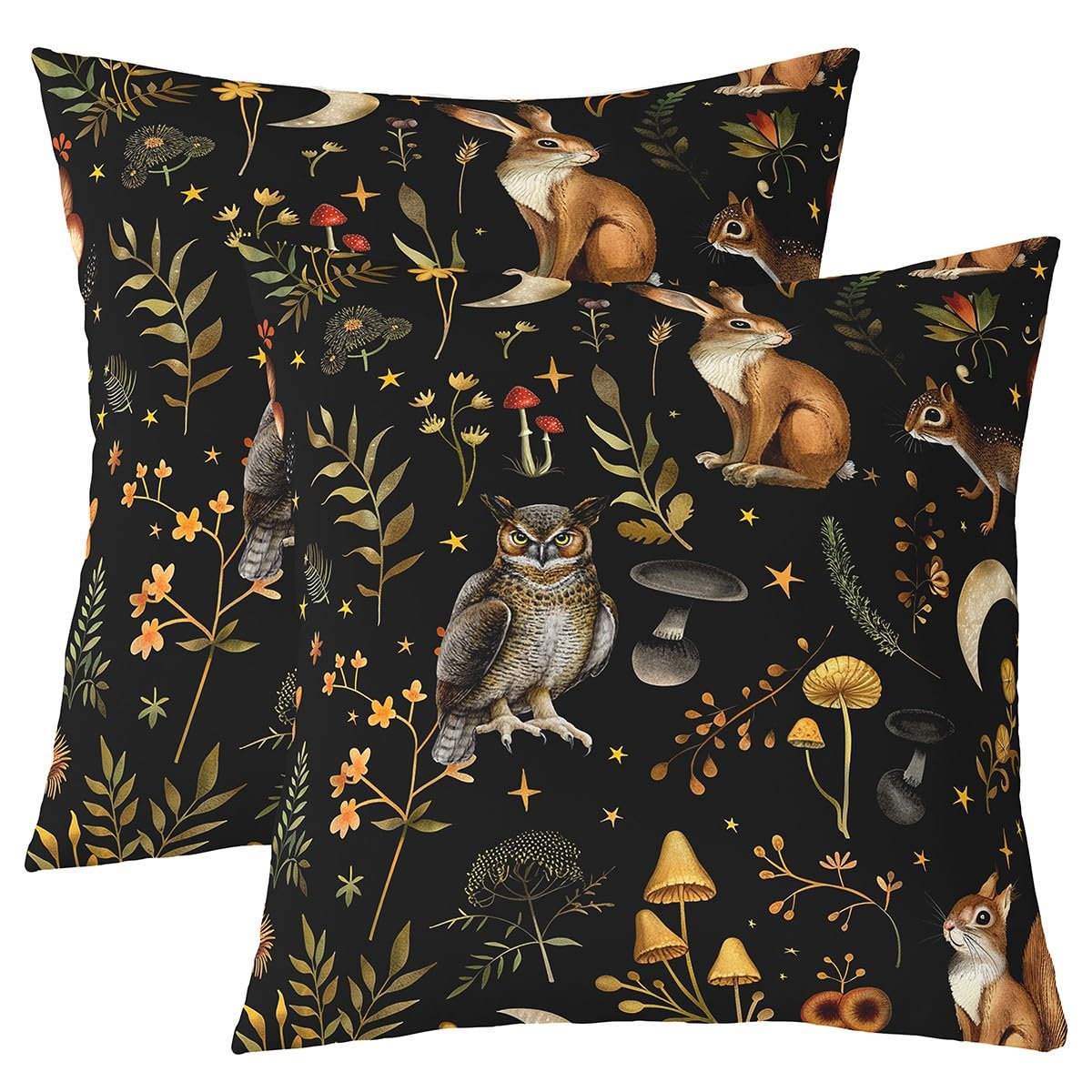 Loussiesd Boho Mushroom Pillow Covers Home Decor 50x50cm Cute Owl Squirrel Reversible Throw Pillow Covers for Boys Girls Children Botanical Floral Square Cushion Covers Set of 2 Set Animlas