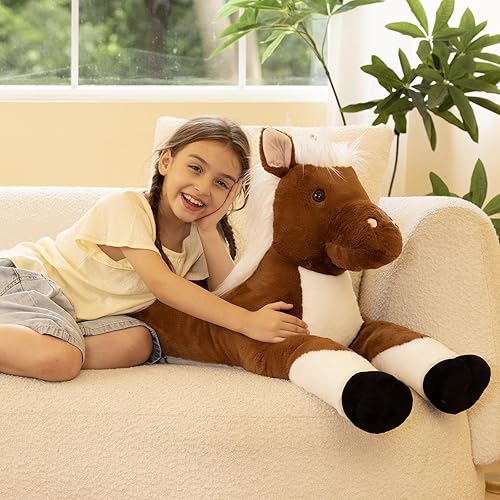 Miniatura 3 de Tezituor Animales de peluche de caballo gigante de 43.3 pulgadas con pelo largo, juguetes de caballo de peluche realistas para montar, almohada de