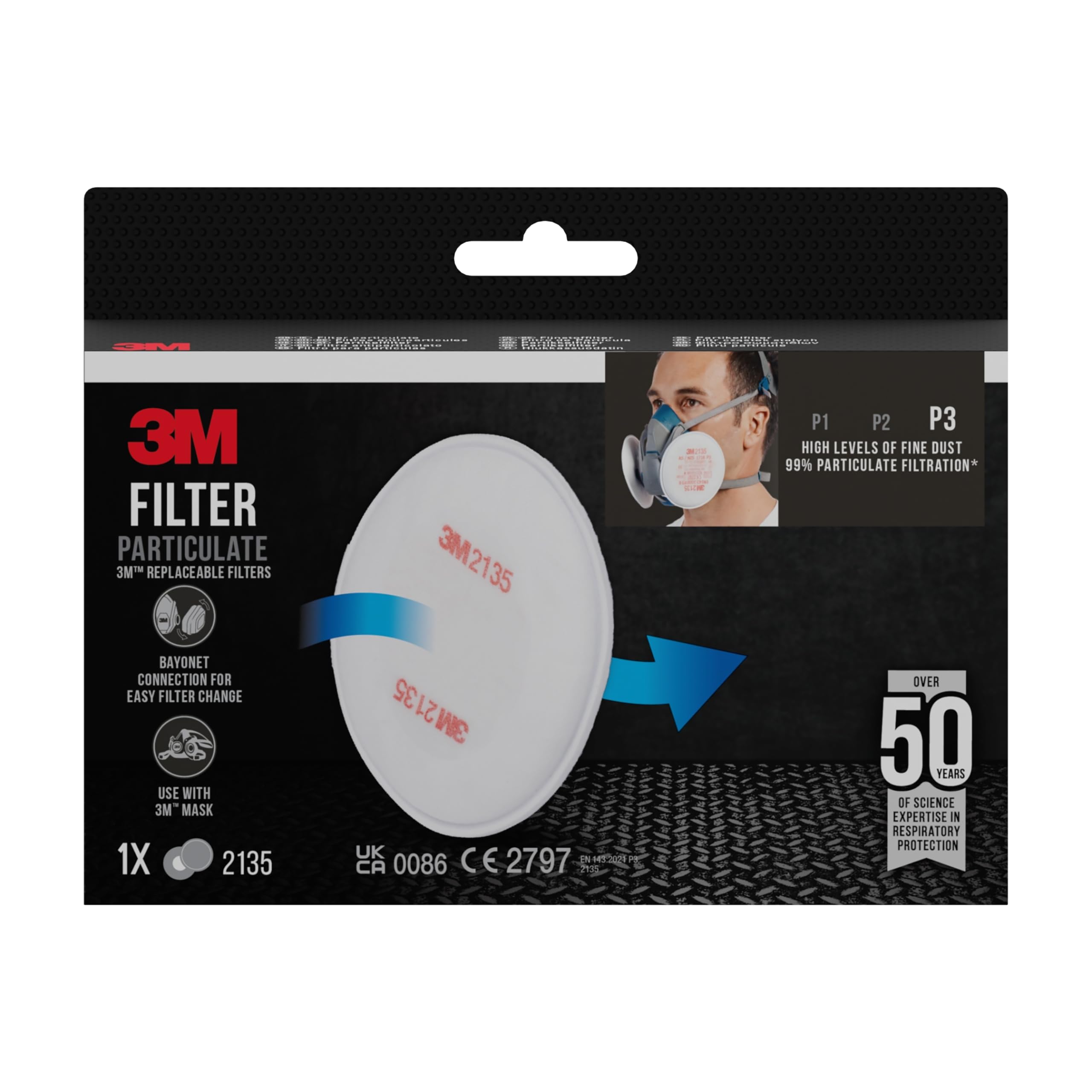 3M Filtr cząstek stałych – filtr drobnego pyłu z poziomem ochrony P3 do masek respiracyjnych 3M – 1 para filtrów P3 z innowacyjną technologią filtra 2135PRO1, biały