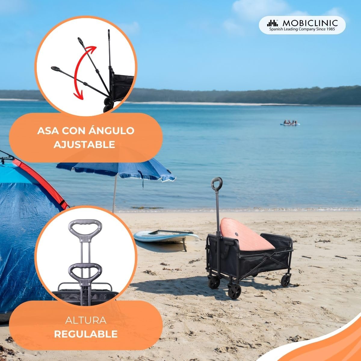 Mobiclinic®, Carro de Transporte Plegable, para la Playa y el Jardín, Asa Ajustable, hasta 80 kg, Ruedas Todoterreno 360º, 60L, Impermeable, Acero, PVC, Negro (71x47x50cm)