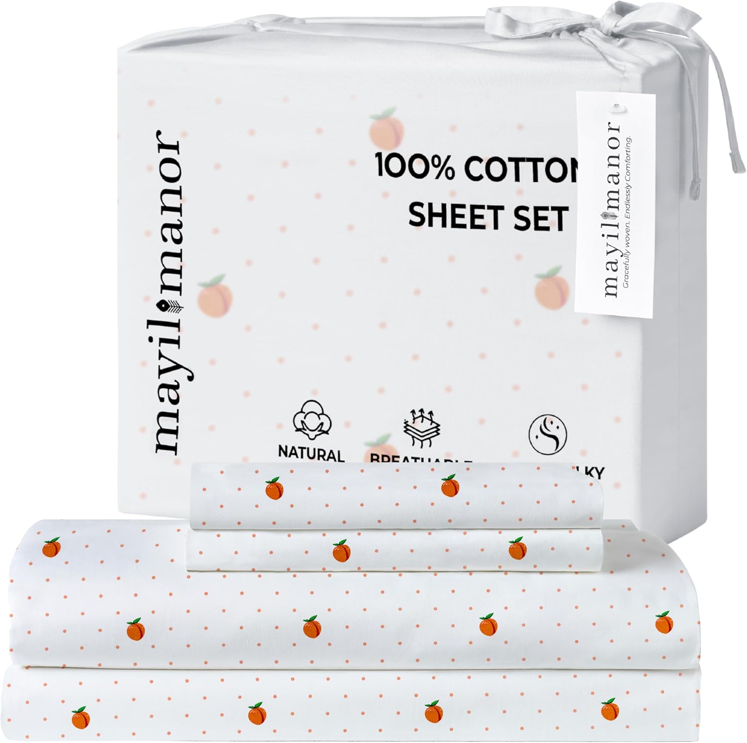 King Size Bed Sheets Set - Percale Weave Natural - Breathable 100% Cotton Printed 4 Piece Bedding Set with 2 Pillowcases, 18" Deep Pocket Fitted Sheet, Flat Sheets - Peach Dot Print
