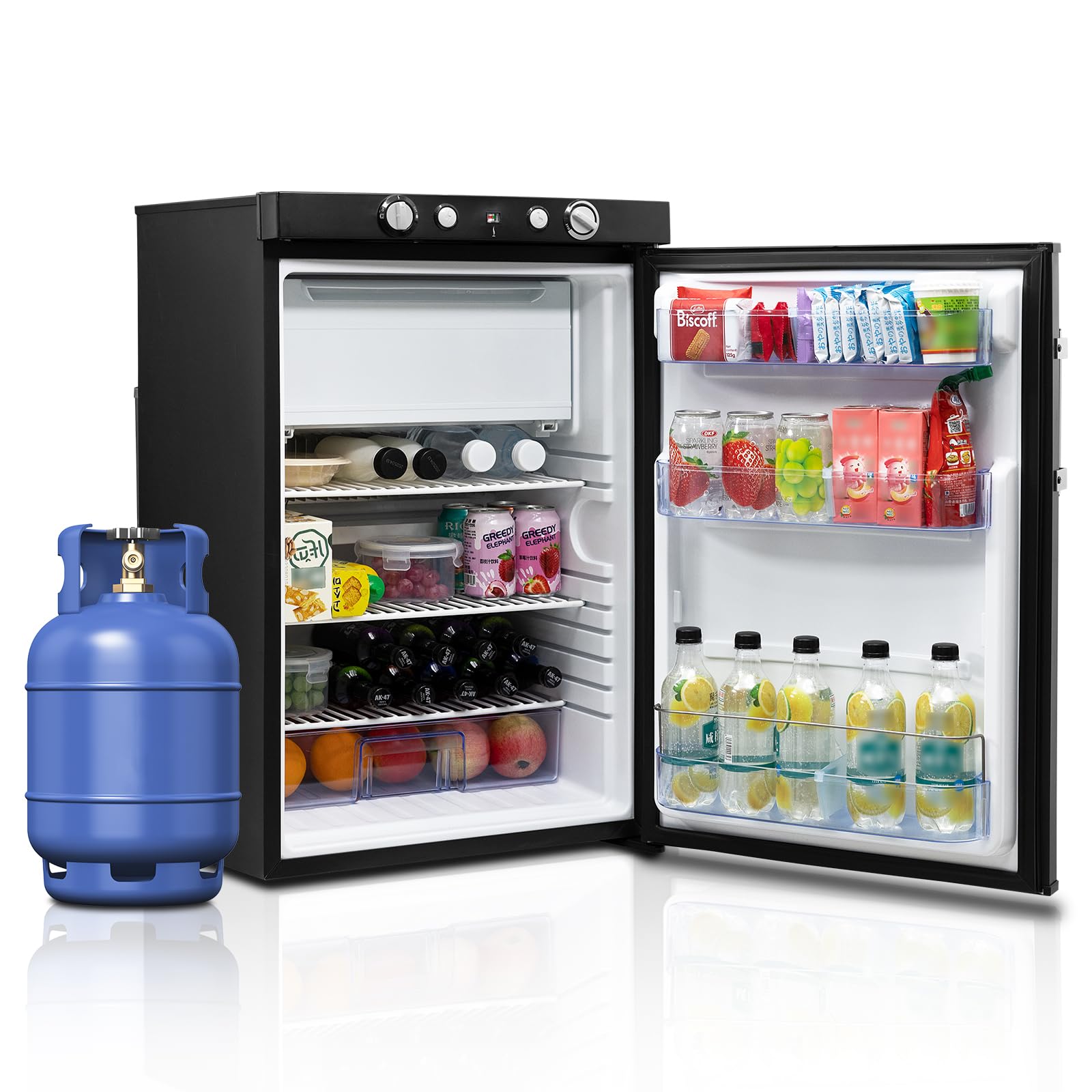 SMETA Frigorifero a gas da 95 l, con congelatore, portatile, a 3 vie, 12 V, 230 V, per camper, garage e casa vacanze, a risparmio energetico e silenzioso, con manico nero, con impugnatura