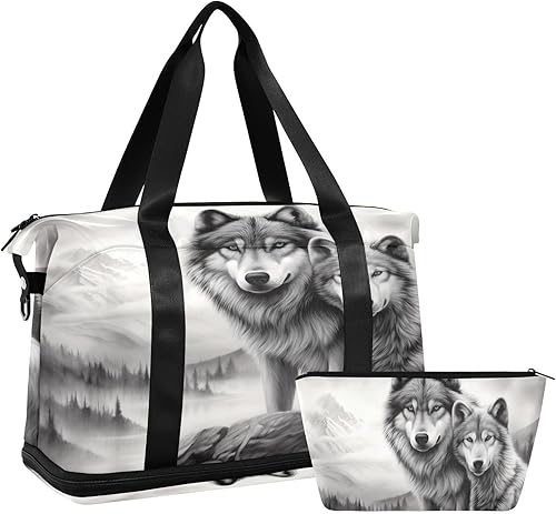 Kigai Bolsa de gimnasio Wolf para mujeres y hombres bolsa de viaje deportiva impermeable bolsa de fin de semana con bolsillo húmedo para viajes