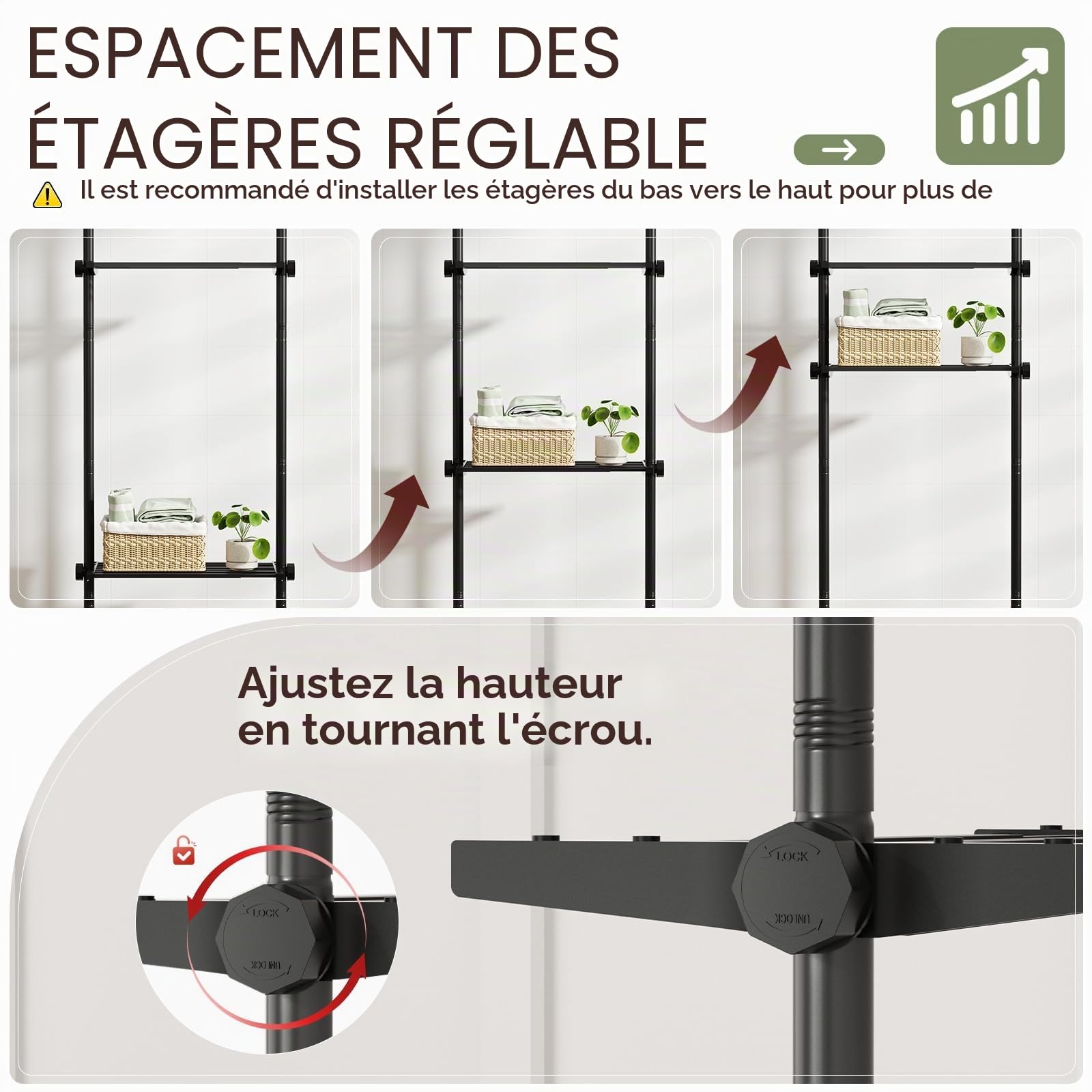 Yeabett Unit de Rangement au-dessus des Toilettes, Hauteur 163–315 cm, Largeur 39–69 cm, Meuble au-dessus de la Machine à Laver, Organisateur Polyvalent pour Salle de Bain, Cuisine, Salon, Buanderie