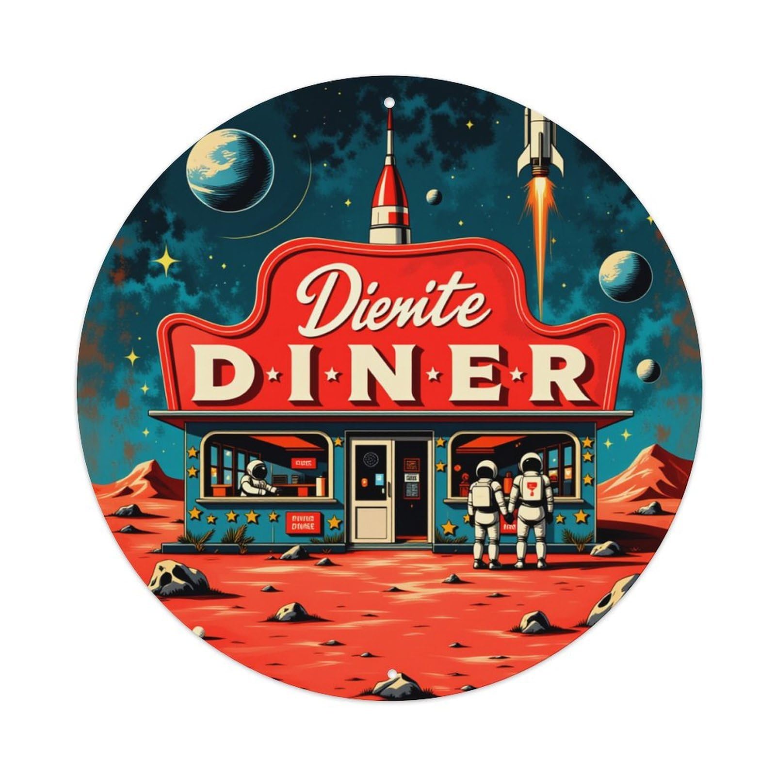 Retro Space Diner Astronauts Rocket Vintage Metal Tin Sign Retro Wall Decor for Home Bar Garage Cafe, Indoor & Outdoor Decorative，circle Metal Poster, 8x8 Inch
