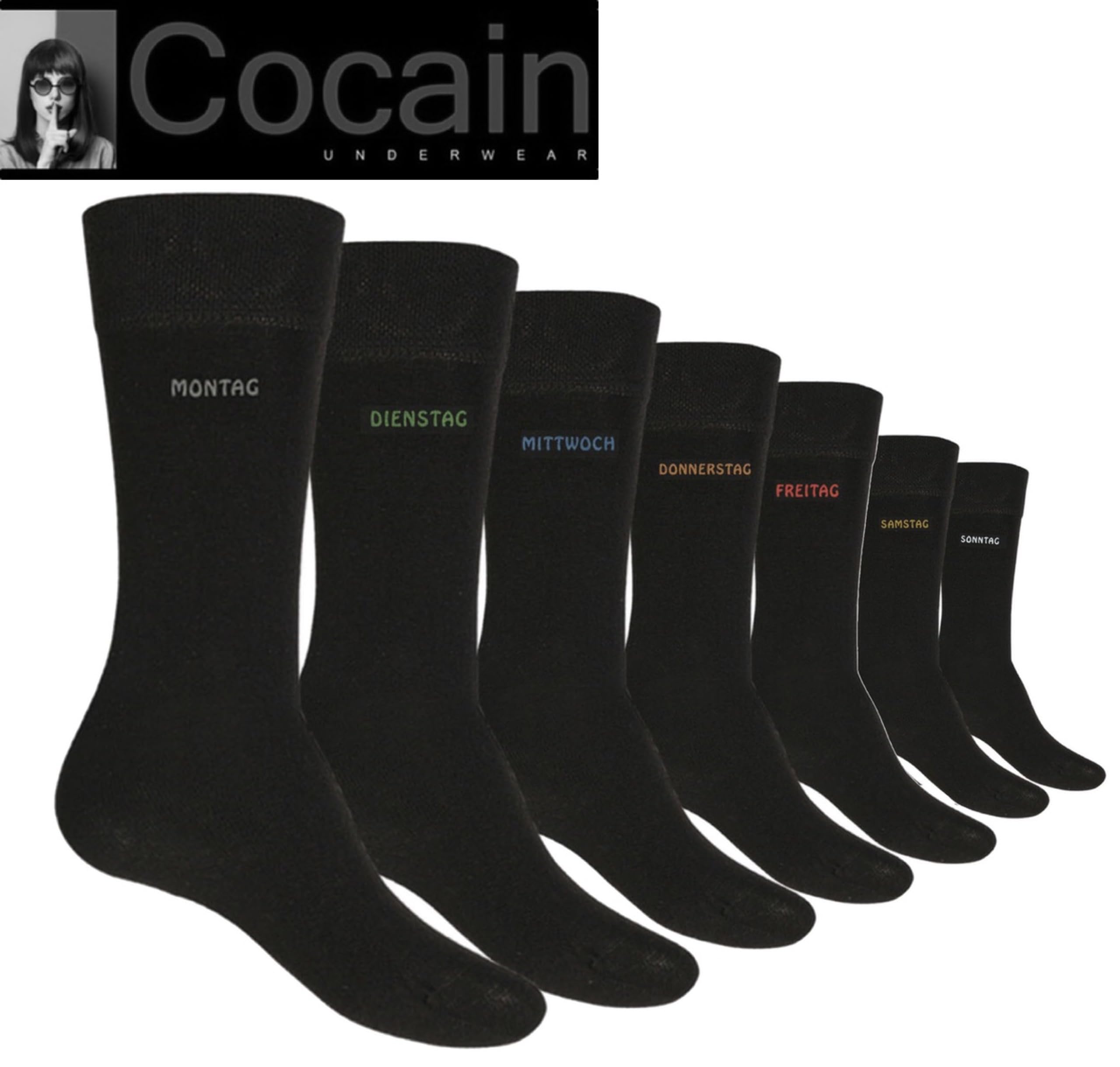 Cocain underwear 7 | 14 | 21 Paar Damen & Herren Socken schwarz mit Wochentag am Schaft 7-Tage-Socken in Grössen 35-38, 39-42, 43-46 oder 47/50