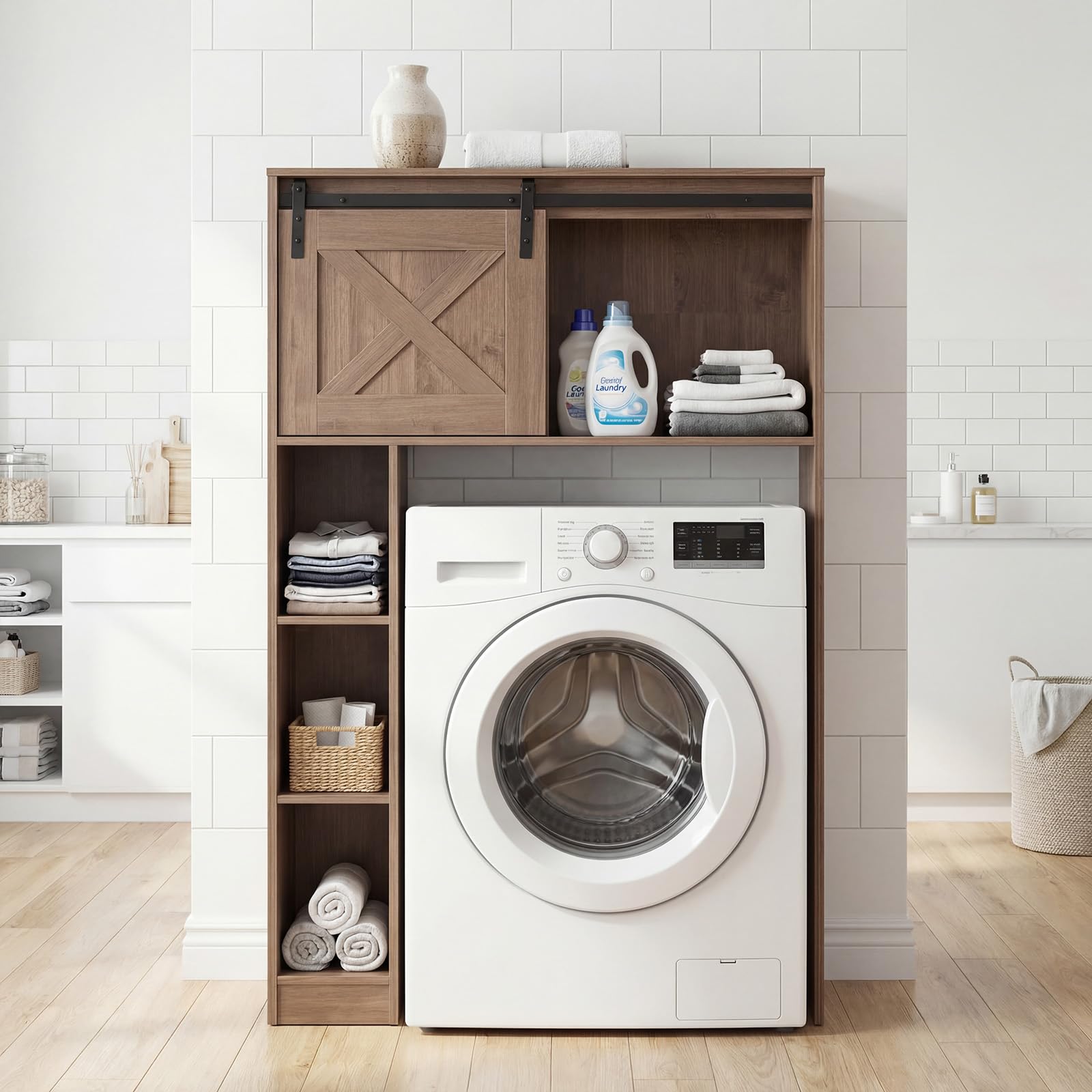 COSTWAY Armario de Almacenamiento sobre el Inodoro WC, Estante de Baño con Puerta Corredera & Estantes de Almacenaje, Estantería Multifuncional para Baño, Lavandería, 84,5 x 17 x 128 cm (Café)