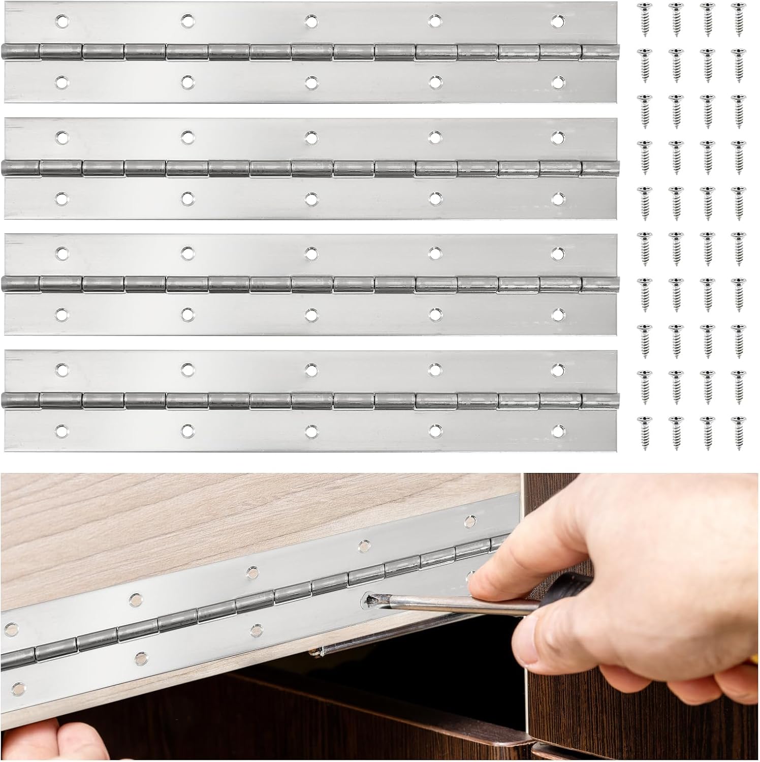 BEAMNOVA 4 Pack 12x2x0.06 Inch Piano Hinges Heavy Duty 304 Stainless Steel Continuous Hinges with Holes Screws for Cabinet Doors Pianos Mailbox Storage Boxes