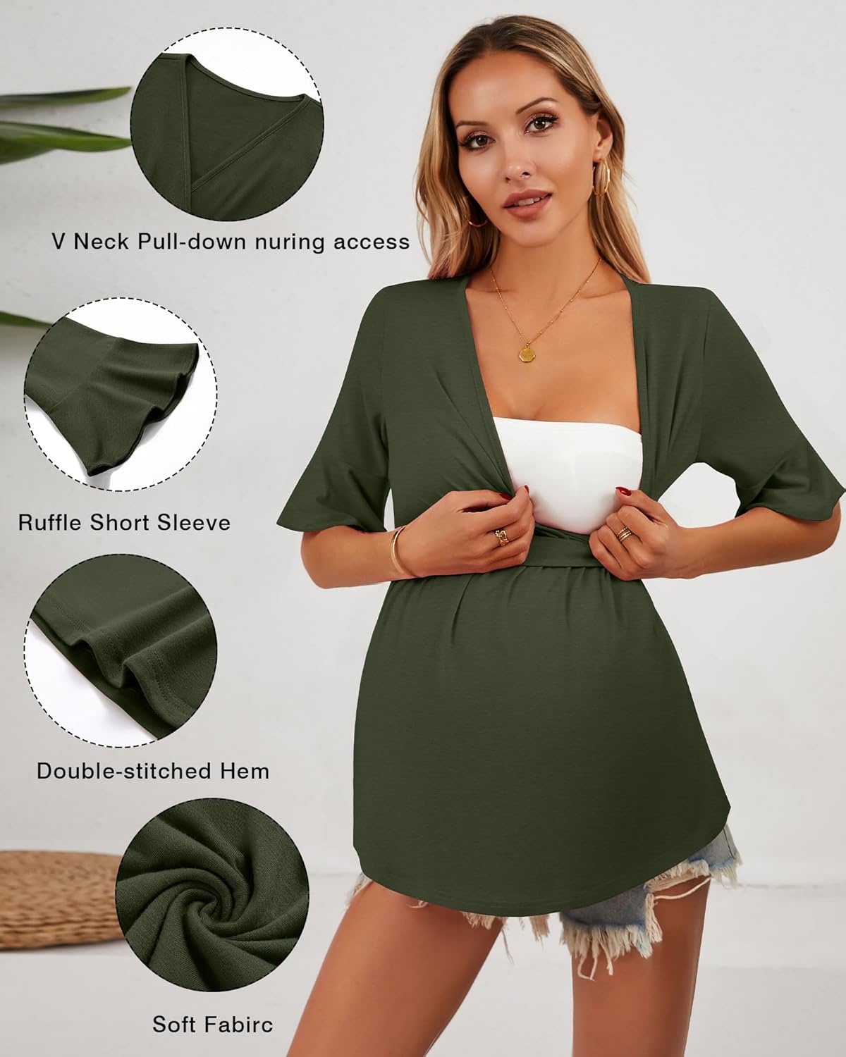 Ficerd 3 Pack Women's Maternity Shirts, Short Sleeve Nursing Tops Ruffle V Neck Breastfeeding Tees Casual Pregnancy Blouses(Black, Light Gray, Army Green,XXL)