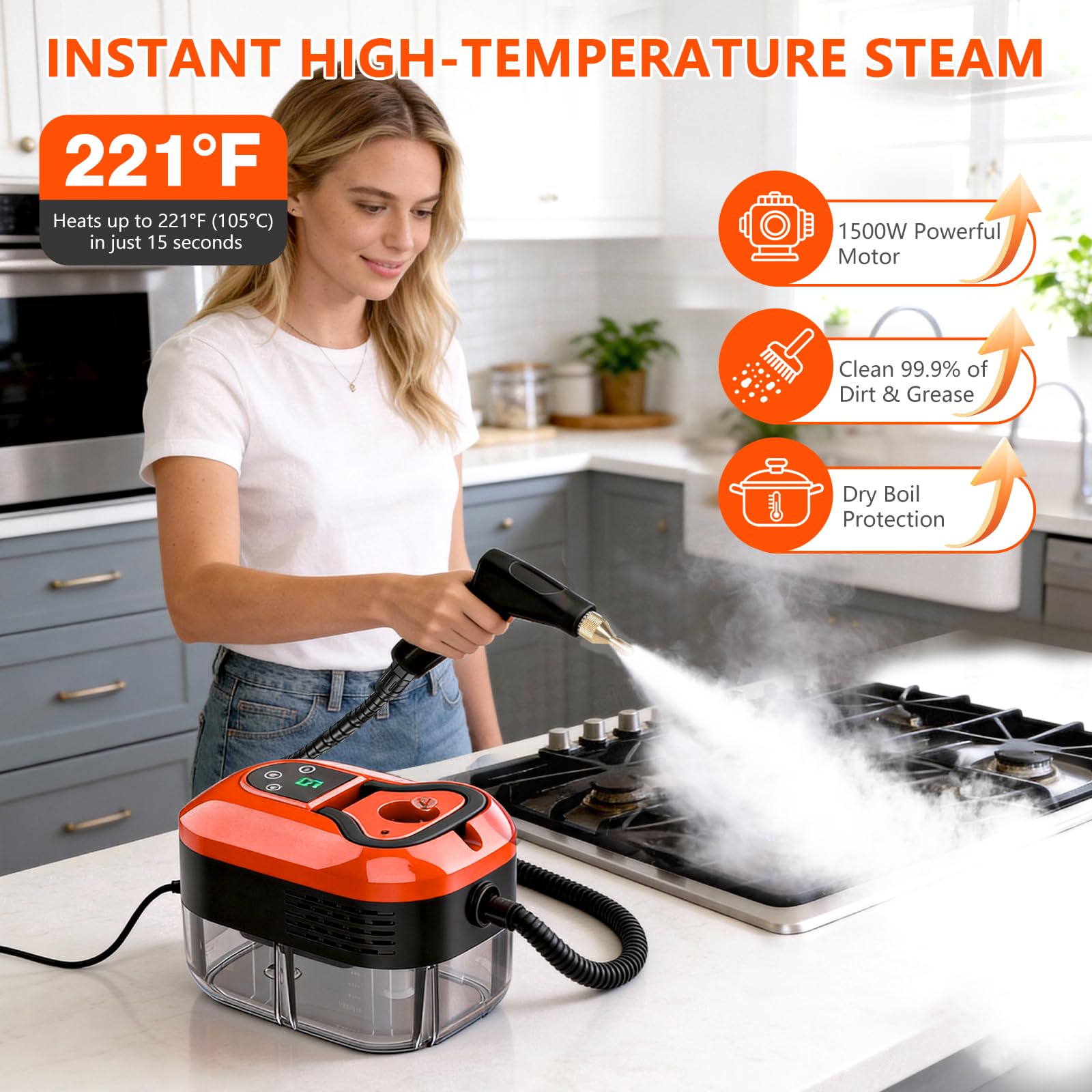 Dampfreiniger für Zuhause, 6-stufig verstellbarer tragbarer Dampfgarer zur Reinigung mit 1200 ml großem Tank, 15 Sekunden Aufheizung & 6 Zubehörteile, Handdampfreiniger für Autopflege, Fliesen, Fett