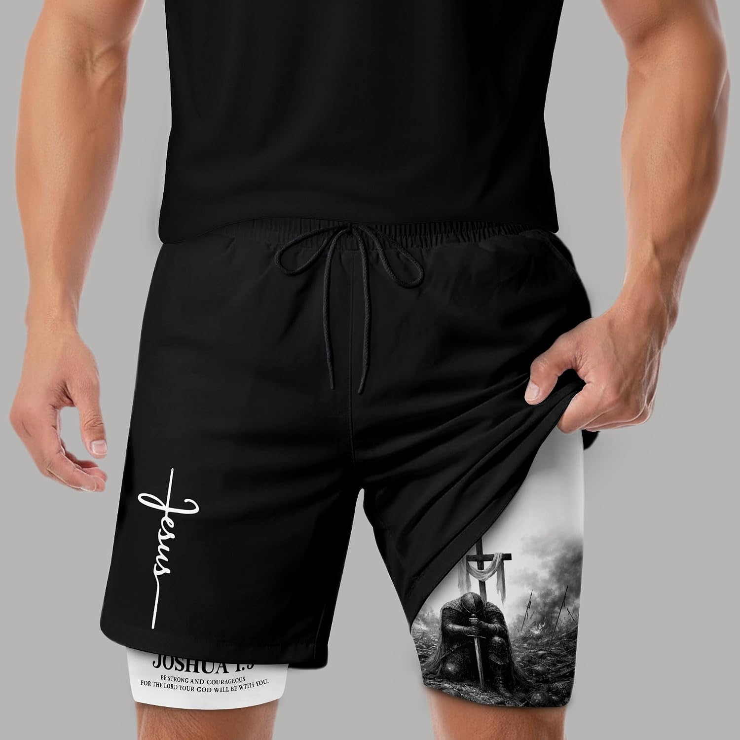 Joshua 1:9 Christian Shorts for Men, Mens Shorts with Liner, Mens Gym Clothes, Work Out Shorts Gym for Men