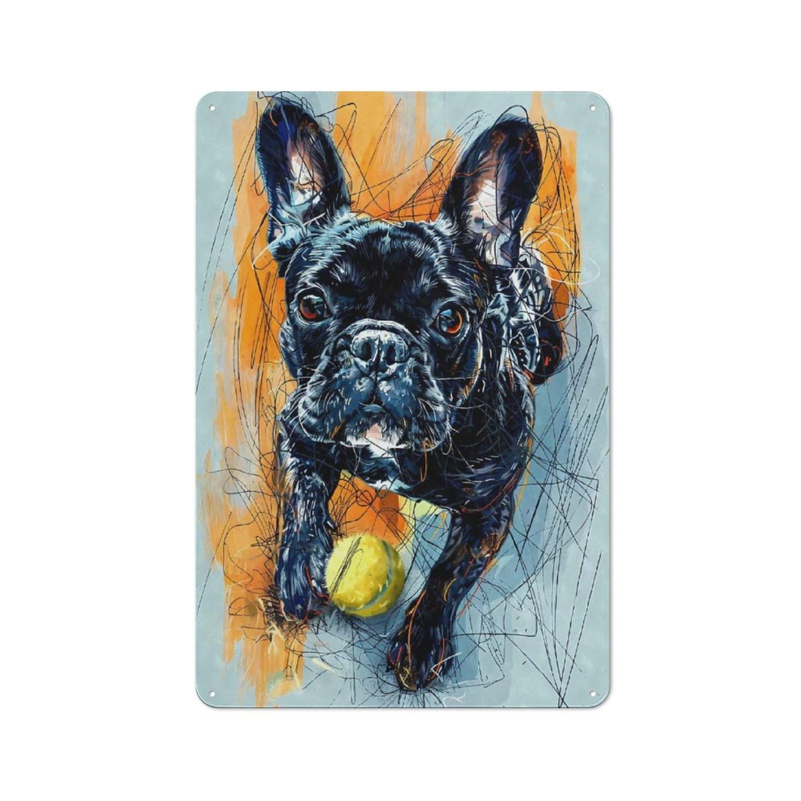 Junmoney French Bulldog Tennis Ball Vintage Metal Plaque 30X20cm For Guest Room Or Hallway, A Decorative Christmas Gift For Guest Room Decorators