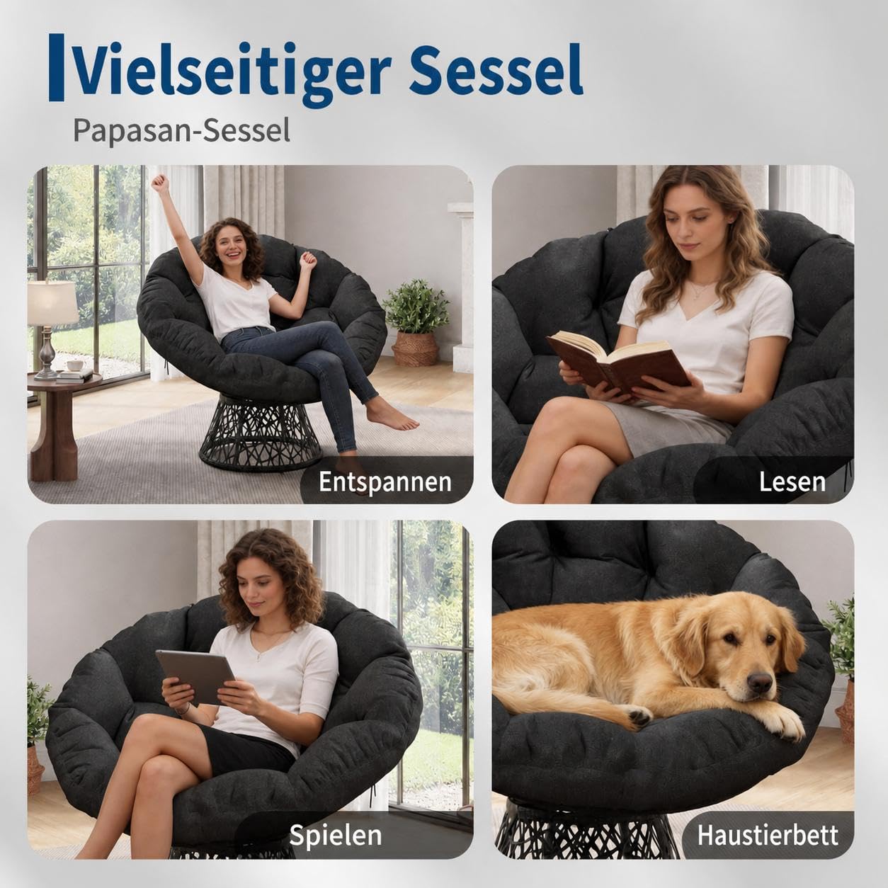 Papasansessel, bequemer Drehsessel, dickes Kissen, ergonomischer Rattansessel, 360° drehbarer Loungesessel, runder Relax Korbsessel, stabiler Stahlrahmen, für Wohnzimmer, Leseecke, Lounge, grau