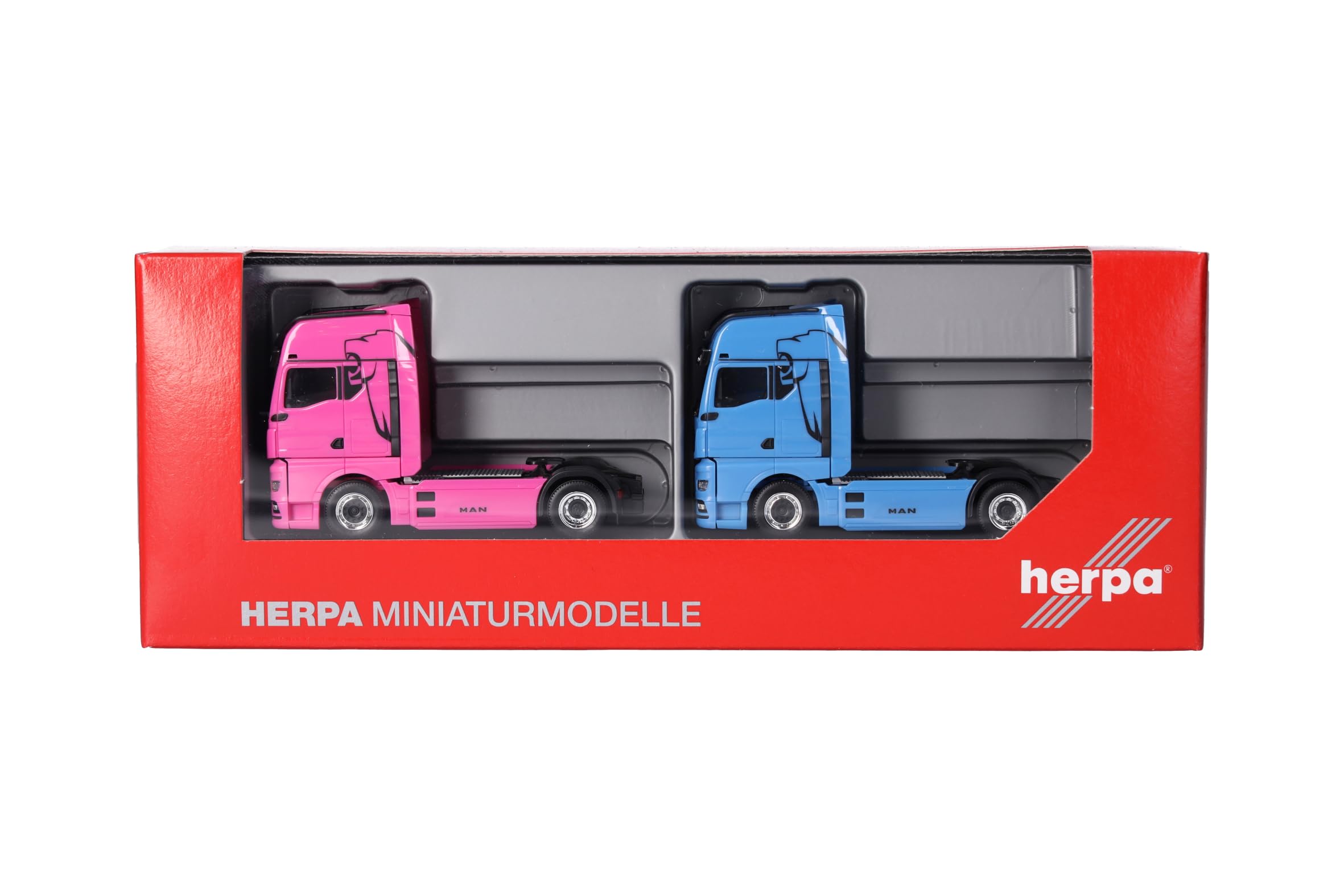 Herpa zestaw ciężarówek WOMAN & MAN eTGX GX ciągniki siodłowe, 2-osiowe, jasnoniebieski i różowy, miniatura w skali 1:87, model kolekcjonerski, wyprodukowano w Niemczech, tworzywo sztuczne