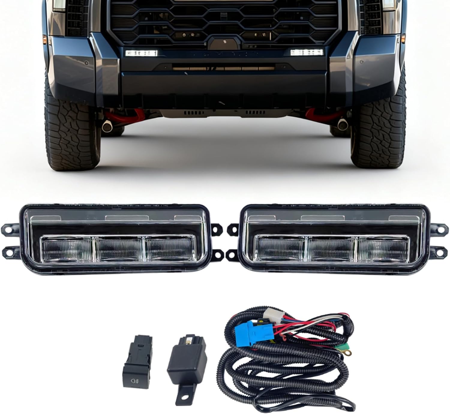 LED Fog Light Kit Fits Tundra 2022-2024, Dual-Color DIP LED Driving Lamps with Switch and Wiring Harness, Replaces TO2593146 TO2592146 81210-0C050, Clear Lens Black Housing