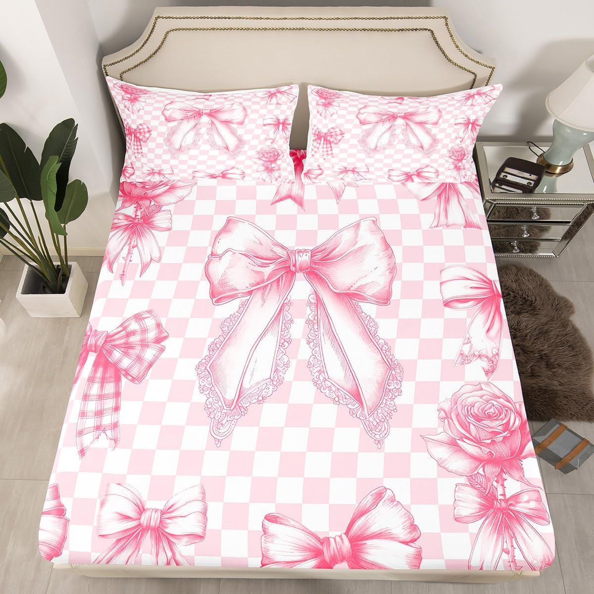 Erosebridal Pink Coquette Bow Fitted Sheet Full Size Modern Plaid Checkerboard Bed Sheets for Preppy Trendy Bow Plaid Bedding Set Cute Aesthetic Grid Sheets