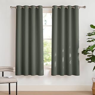 Pony Dance Winter Blackout Curtains Short Opaque Thermal Curtain with Cold Protection Eyelets for Bedroom Set of 2 L175 x W140 cm Grey Green