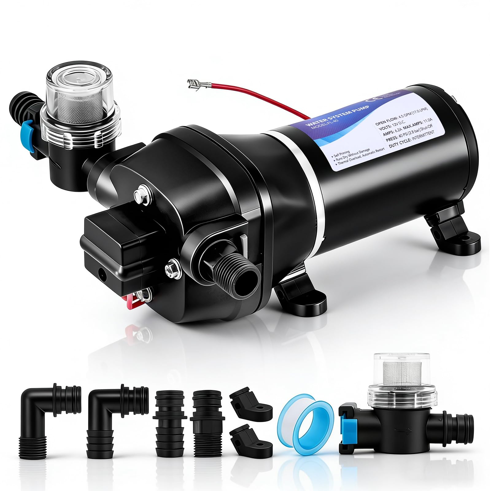 12V Wasserpumpe, 17L/min 3.1 Bar Selbstansaugende Membranpumpe mit Robustem Druckschalter und Ansaugsieb für Wohnmobil, Boot, Waschen, Bewässerung, Zirkulation