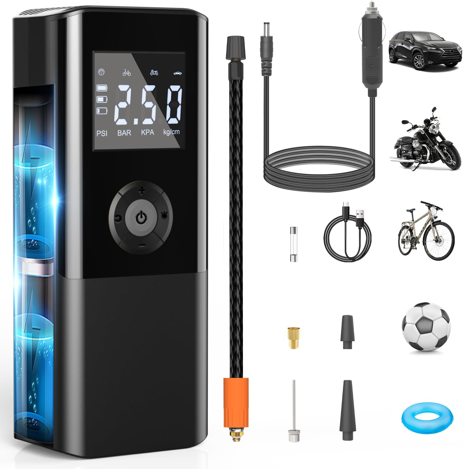 AOKBON Mini Portable Air Compressor 150 PSI Rechargeable Electric Air Pump DC12V Tire Inflator with Digital Display LED Light USB Charging for Car Motorcycle Ball Outdoor