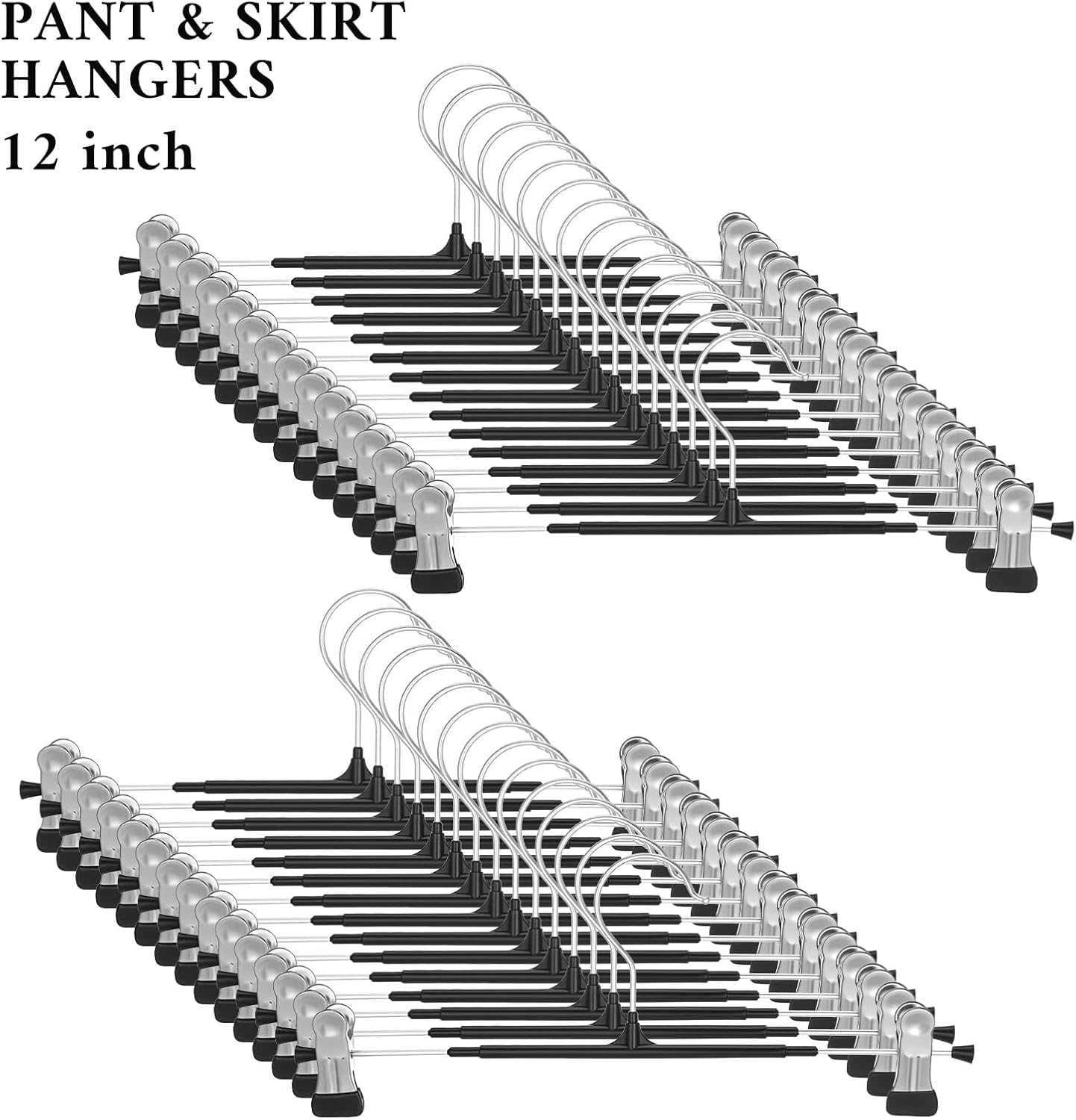 30 Pack Pants Hangers with Clips Adjustable Skirt Hangers for Women Non-Slip Trousers Hanger for Jeans Clothes Hanger for Pants Heavy Duty Space Saving Shorts Clothes Rack Black 12Inch