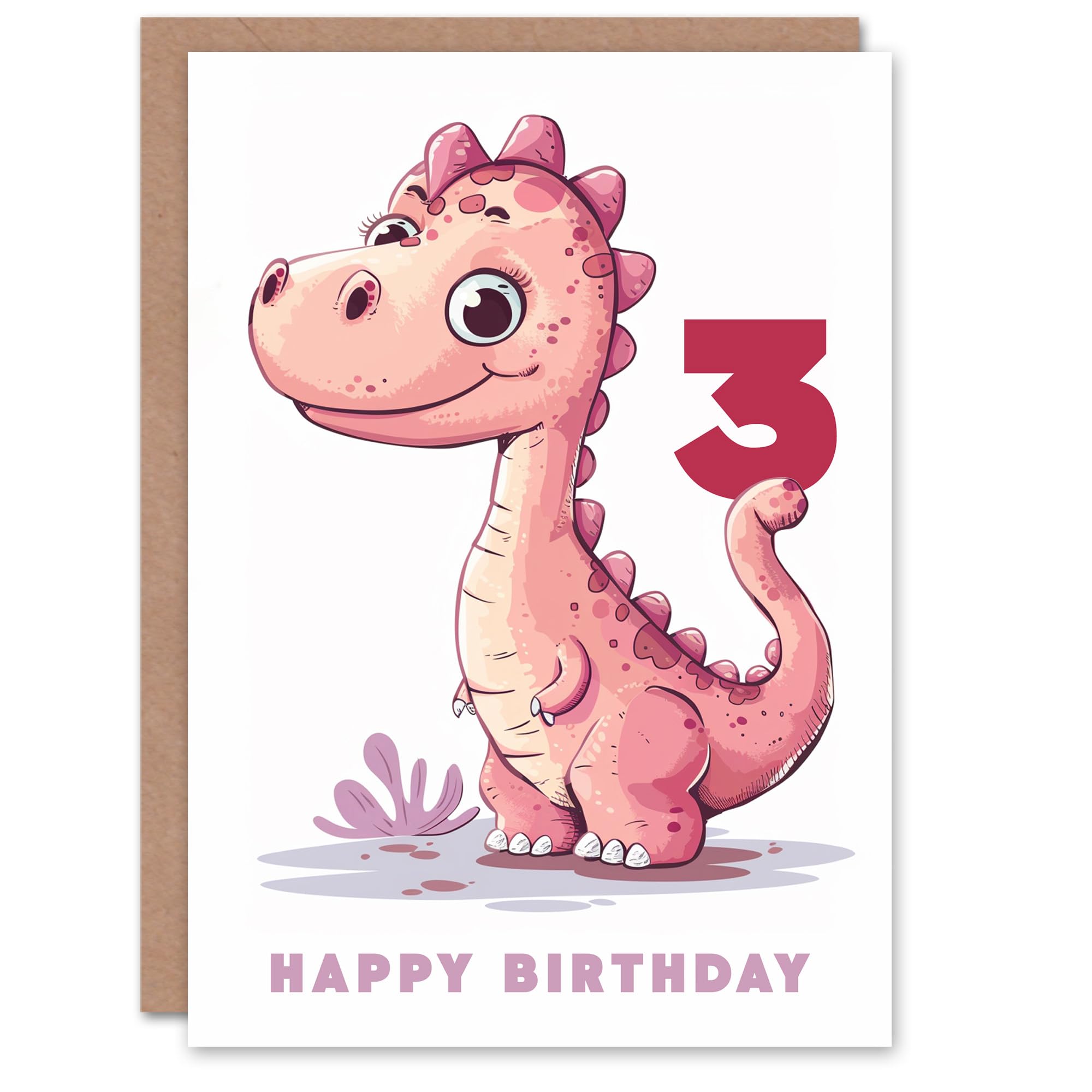 Artery8 3rd Birthday Card Cute Pink Baby Dinosaur Cartoon Kids Age 3 Year Old Child For Son Daughter Girl Boy Happy Card