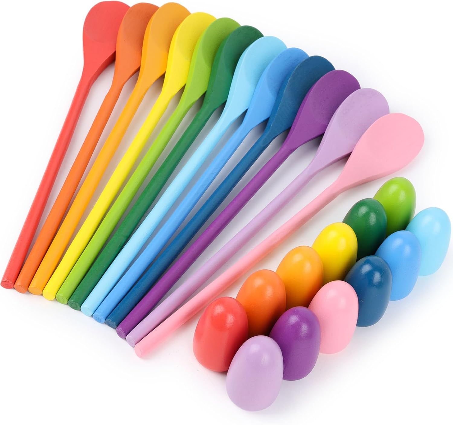 LovesTown 24PCS Egg Spoon Race Game Set for Easter Party Favors, Relay Race Wooden Egg Balance Carnival Games for Kids & Family Activity Holiday Hunt Game Outdoor Lawn Games