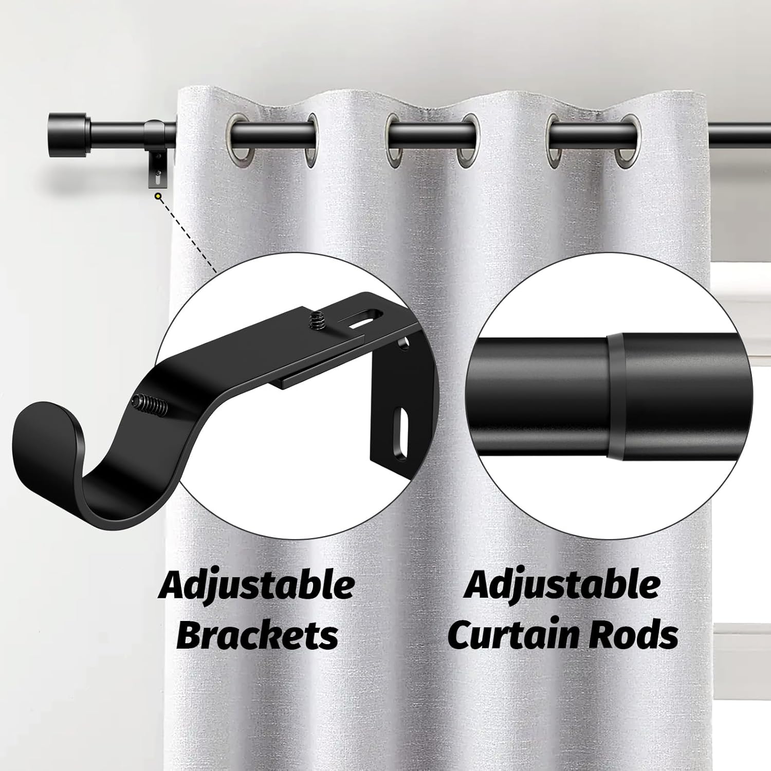 GEEBOBO 2 Pack Black Curtain Rods for Windows 66 to 120 Inch, 1 Inch Adjustable Heavy Duty Easy Install Curtain Rods Set for Outdoor, Patio, Farmhouse, Bedroom, Living Room (Black,30"-120",2 Pack)