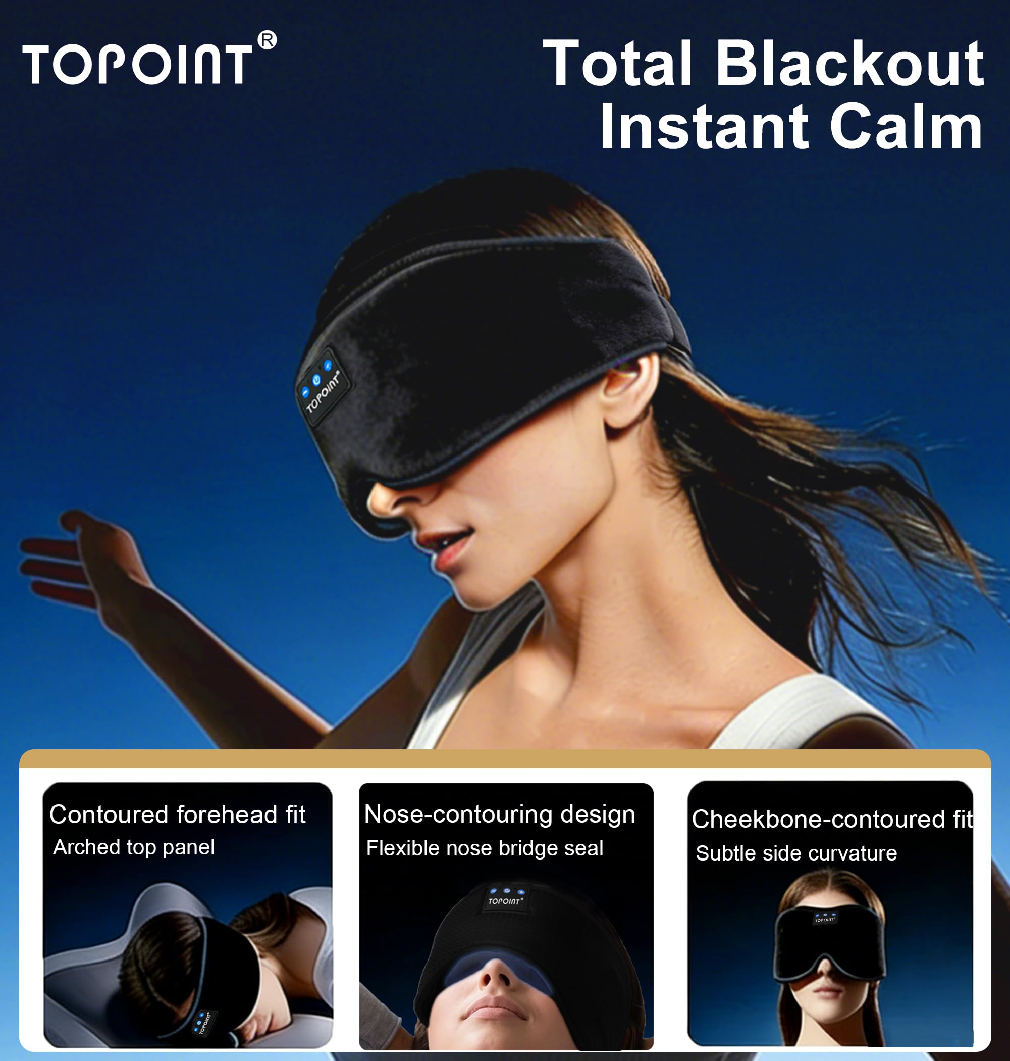 TOPOINT Sleep Mask with Headphones Bluetooth 5.4 Wireless, Sleep Headphones Earphones Earbuds with Microphone HD Speakers Music, Blackout Eye Mask for Sleeping Travel Meditation Men Women Cool Gadgets — Amazon image 2