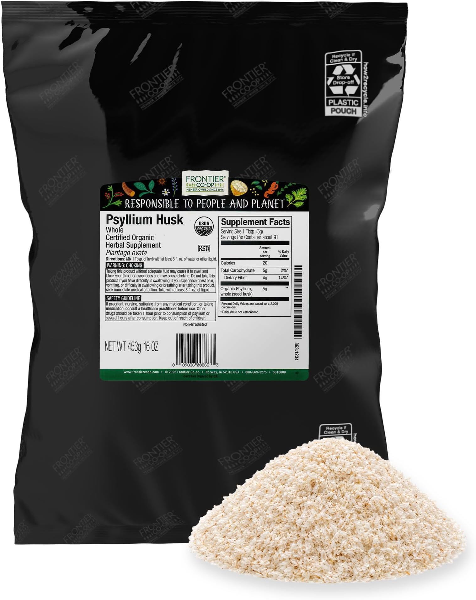 Frontier Co-op Organic Whole Psyllium Husk, Fiber for Baking, Psyllium Nutritional Supplement for Digestion, Kosher | 16 Ounce (Pack of 1)