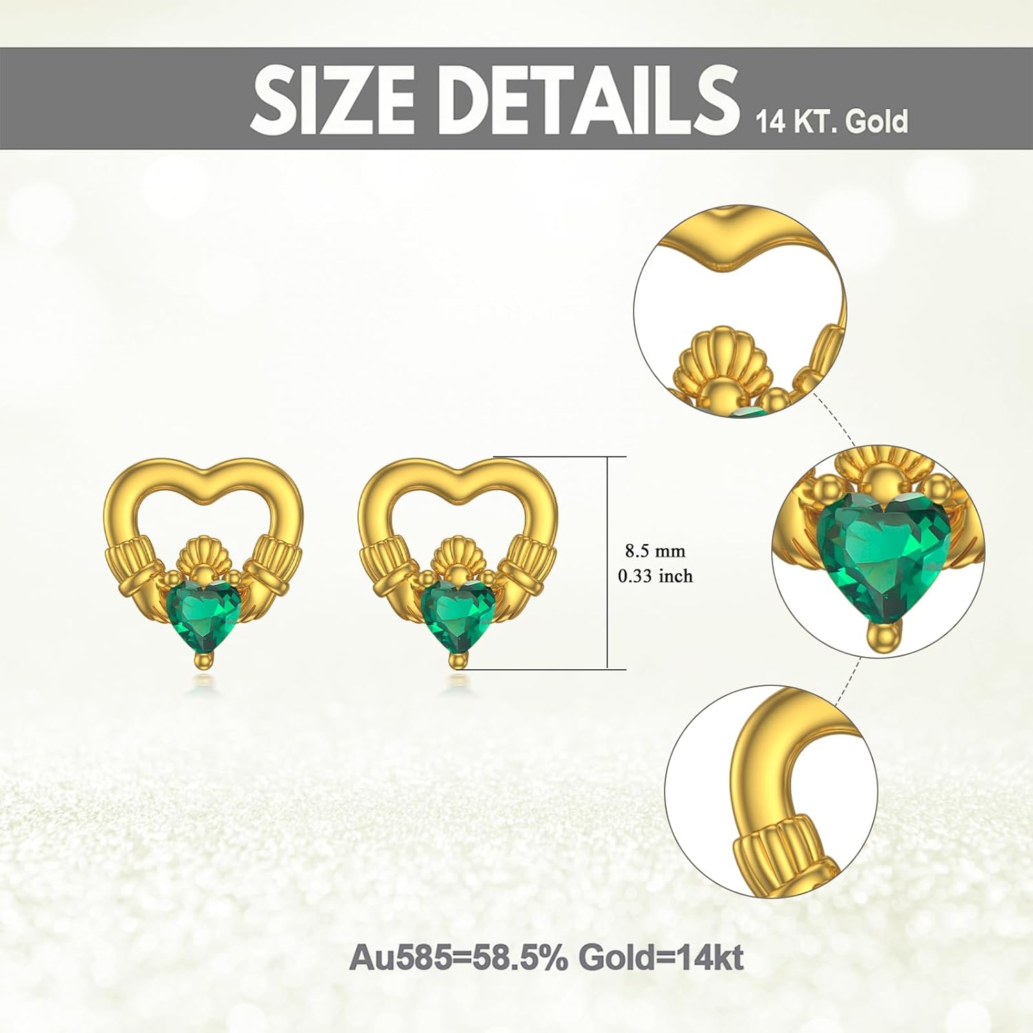 14K Solid Gold Emerald Stud Earrings with Push Backs Real Gold Claddagh Clover Earrings Elegant Irish Jewelry Gift for Women