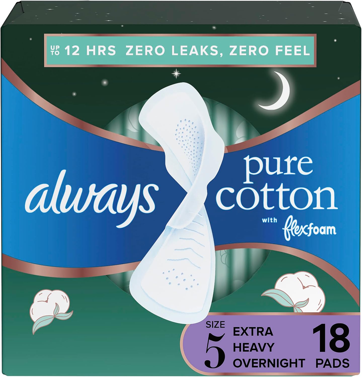 Always Pure Cotton Pads with FlexFoam, Size 5, Extra Heavy Overnight Absorbency, with Wings, Made with a Premium Cotton Top Layer, Made without Fragrance, 18 Count