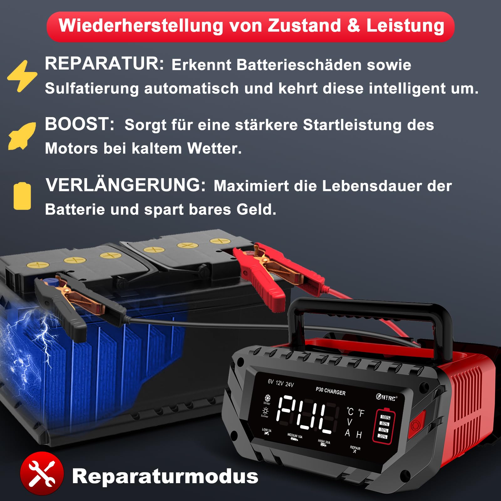 HTRC 6V/12V/24V Autobatterie Ladegerät, 30A Ladegeräte für Autobatterien, Batterieladegerät KFZ für Auto, Motorrad, Rasenmäher, Boot, Lithium, LiFePO4 und Blei-Säure(AGM, Gel, MF, EFB, SLA, VRLA, Wet)