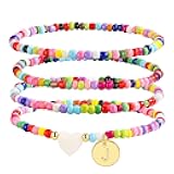 Stocking Stuffers for Girls - 4PCS Initial Bracelets for Women Girls, Colorful Beaded Bracelet Heart Initial Bracelet for Women Stackable Layered Boho Bracelets Jewelry Gifts for Kids Girl
