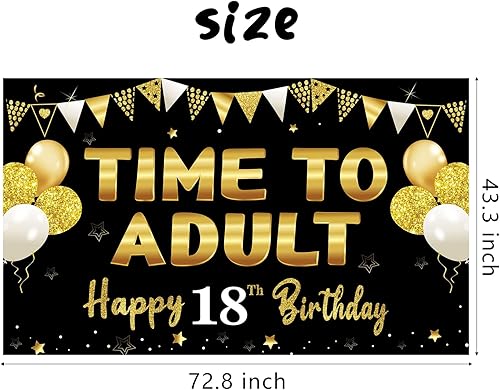 Miniatura 2 de Cartel grande de cumpleaños de 18 años, color negro dorado con texto en inglés "Time To Adult Happy 18th Bday", suministros de fiesta, póster de