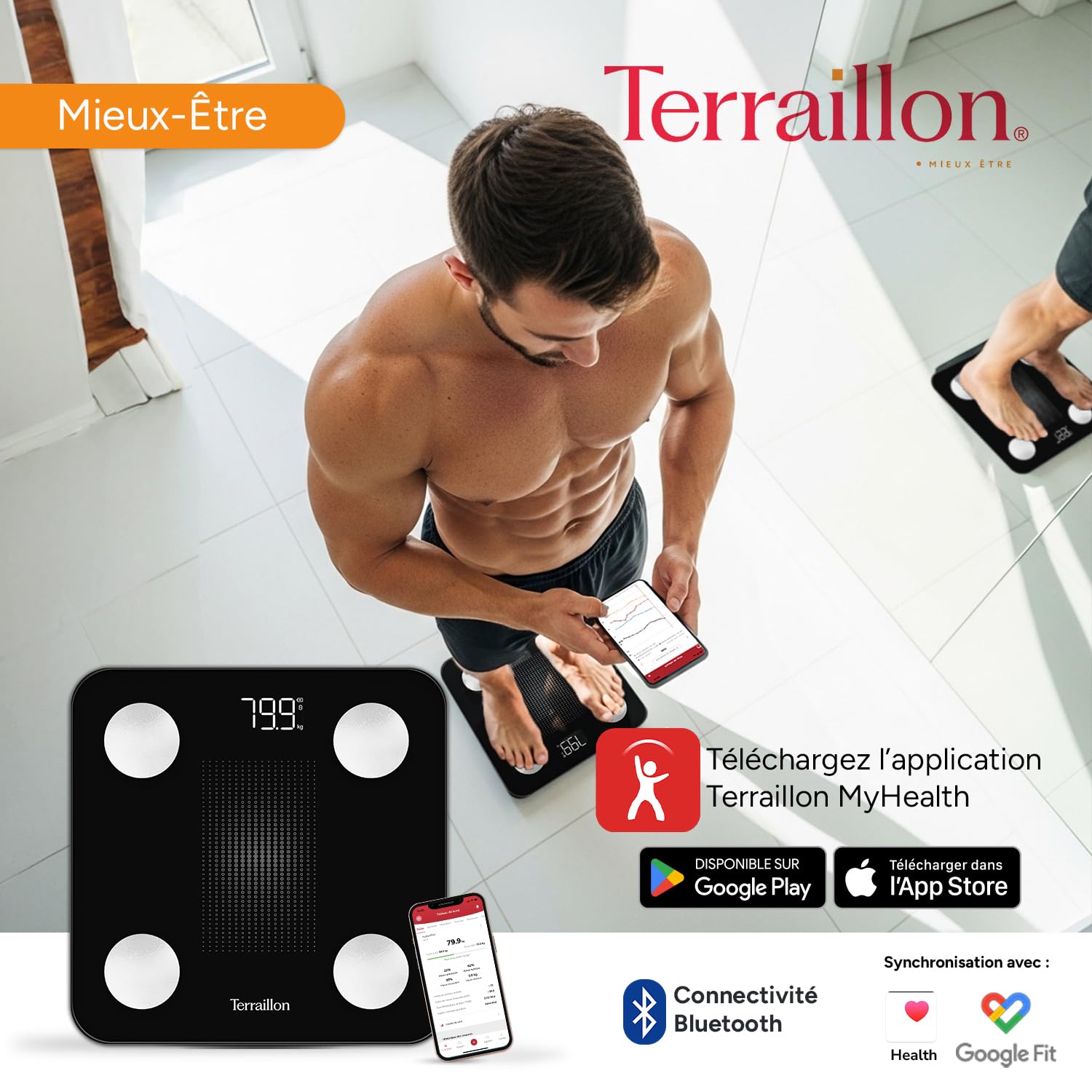 TERRAILLON - Balance Pese personne, Connectée Bluetooth avec application, Analyse Corporelle prècise (IMC, graisse, musculaire, hydrique), Haute précision à 50 gr et jusqu'à 180Kg, WEIGHT CONNECT