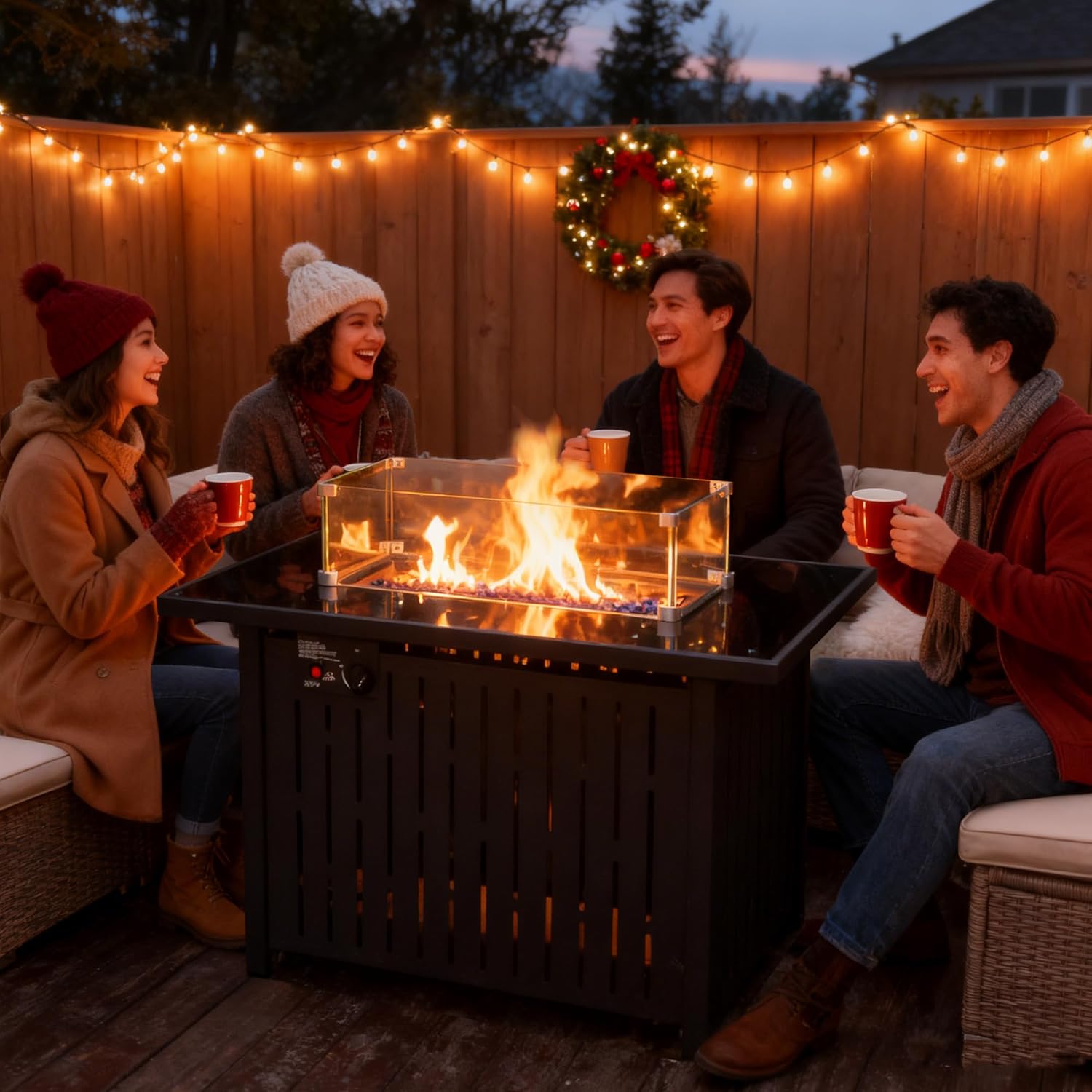 43 Inch Outdoor Propane Fire Pit Table 50,000 BTU, Rectangle Gas Fire Pit with Glass Wind Guard & Tempered Glass Top for Outside Patio & Backyard, Includes Rain Cover & Glass Beads