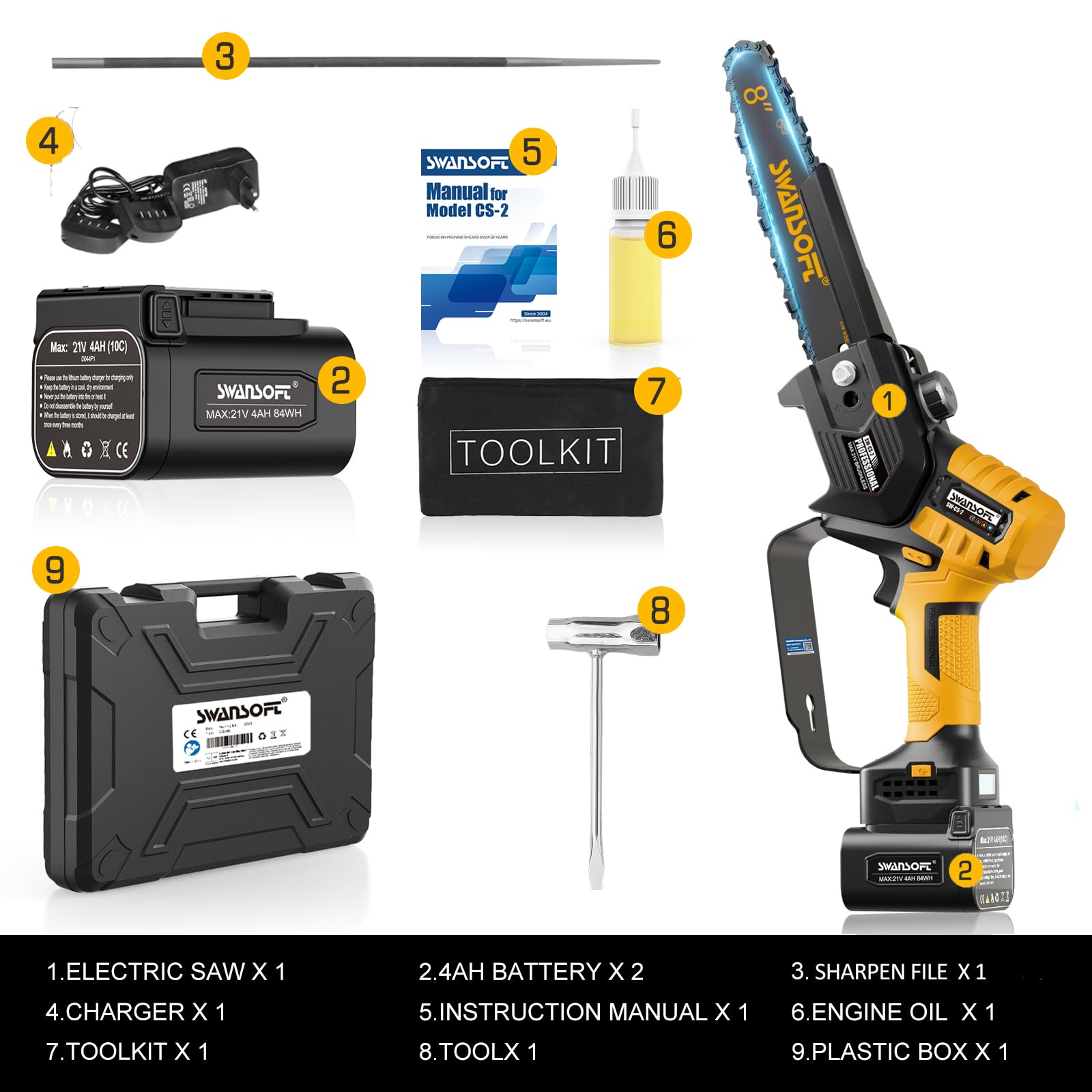 Mini motosierra bateria de 8 pulgadas, 600 W/21V/4000 mAh*2, motosierra eléctrica profesional con lubricación automática, sierra de poda a batería para cortar madera en huertos y olivares CS-2