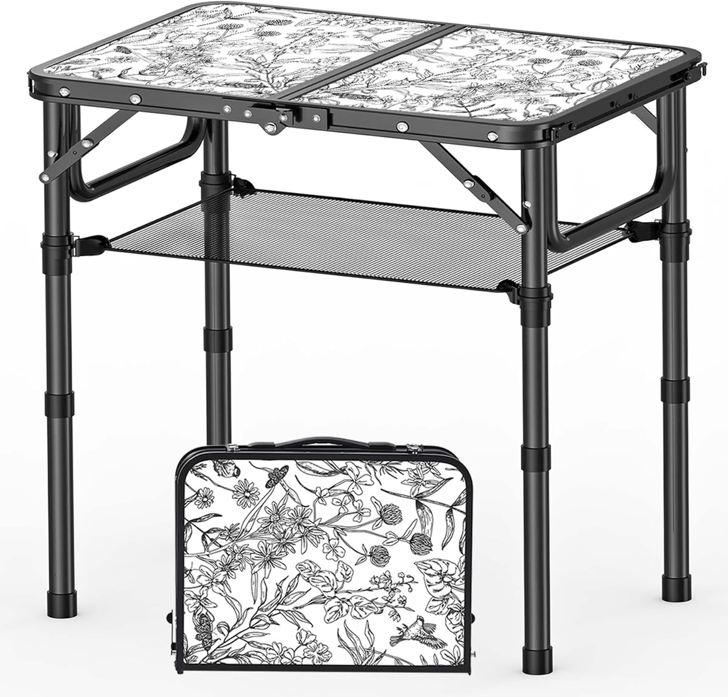 Small Camping Table, Vintage French Flowers Pattern Folding Table, Adjustable Height, Lightweight & Portable Outdoor Picnic Table with Carry Handle for Patio, Living Room, Travel