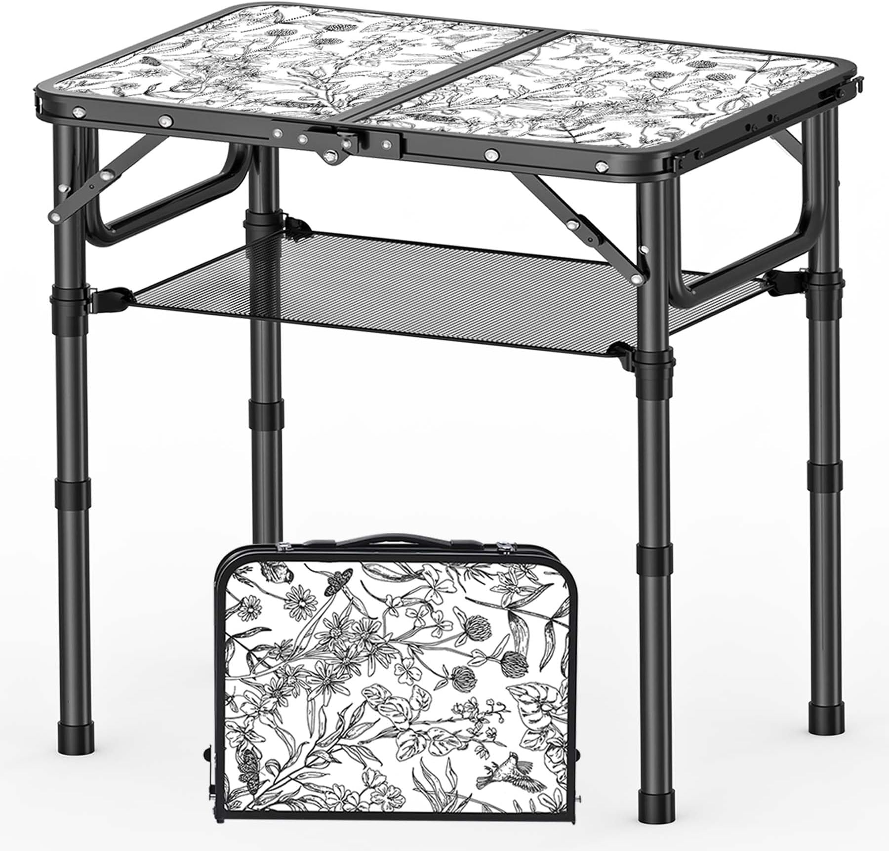 Toile de Jouy-Inspired Camping Table, Vintage French Floral Pattern Folding Table, Adjustable Height, Lightweight & Portable Outdoor Picnic Table with Carry Handle for Patio, Living Room, Travel