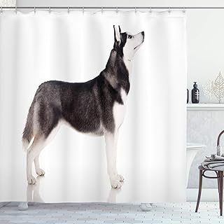 Ambesonne Alaskan Malamute Shower Curtain, Alaskan Animal Arctic Canine Mammal Obedient Companion Portrait Purebred, Fabric Bathroom Decor Set with Hooks, 69" W x 70" L, Black White