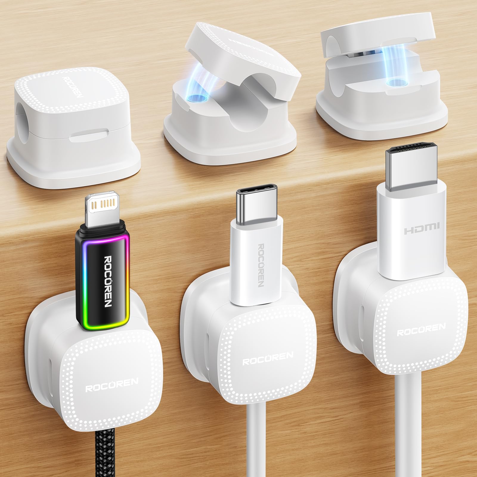 Rocoren Cable Holder Clips, 6 Pack Magnetic Desk Cable Cord Organiser, USB Charger Cable Tidy, Strong Adhesive Wire Management for Nightstand, Kitchen Appliances, Office Supplies - White