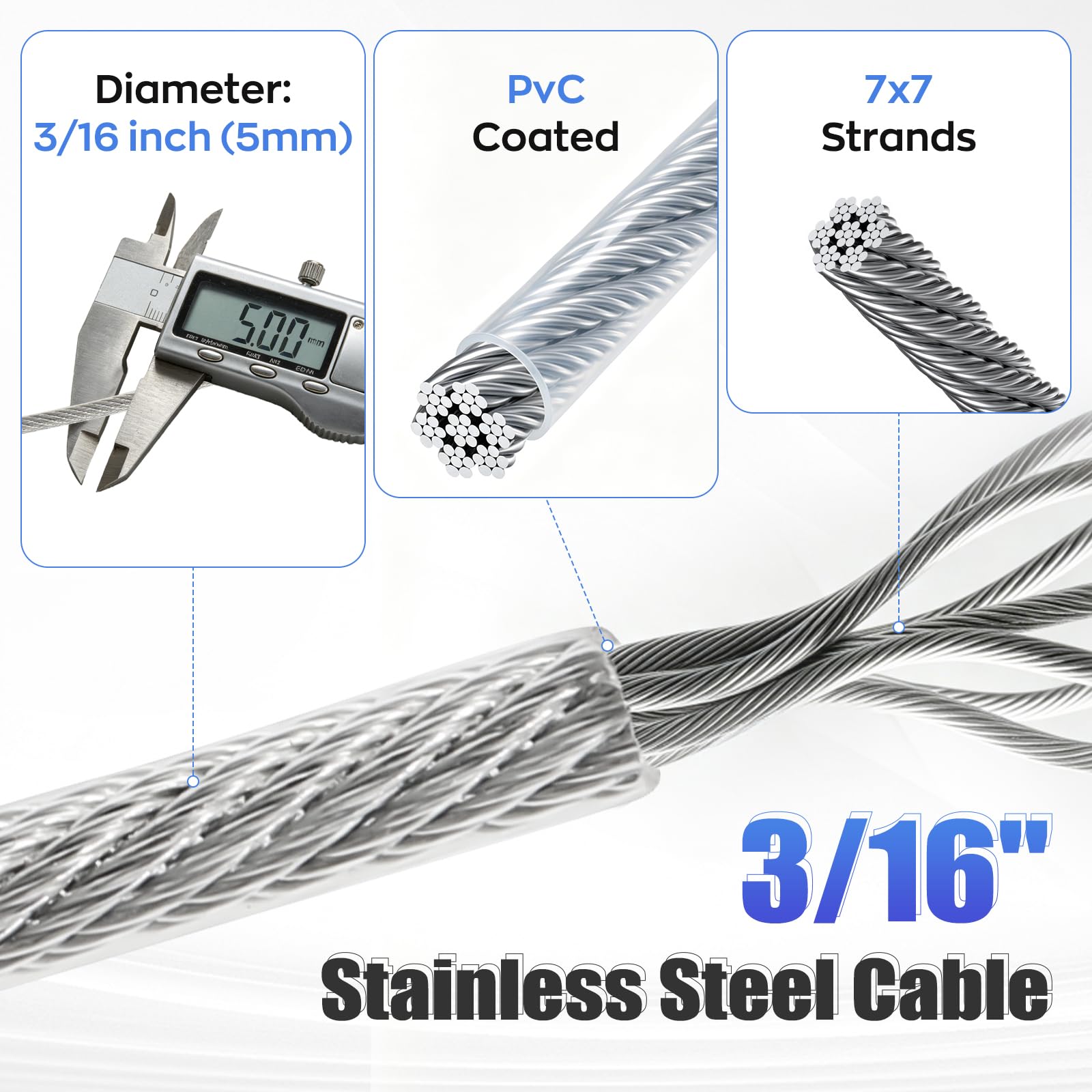Kit Cavo Acciaio Inox 5mm 30M Rivestito PVC, con Tenditore M6 e Accessori, per Stendibiancheria, Piante Rampicanti, Tende e Sostegni Esterni