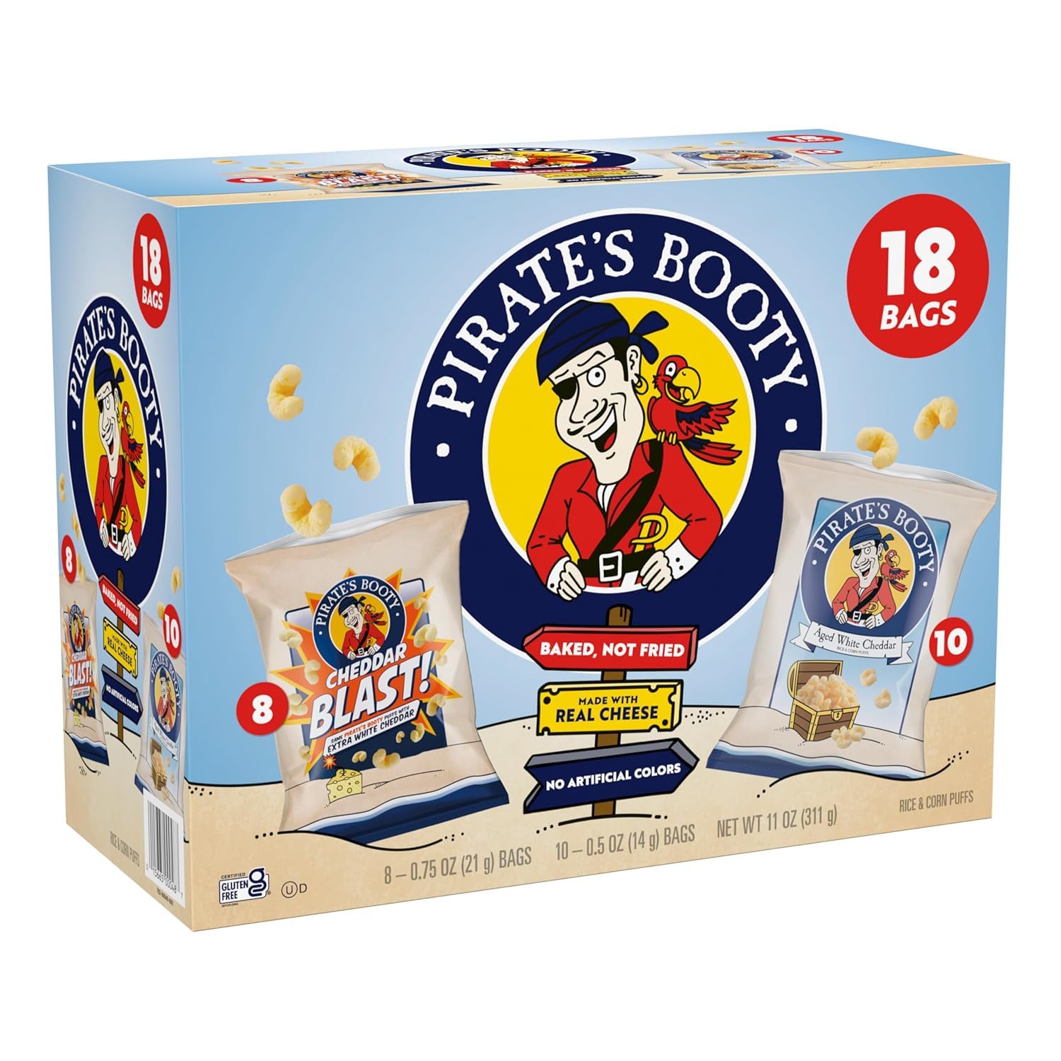 Pirates Booty Aged White Cheddar and Cheddar Blast Cheese Puffs Variety Pack, Gluten-Free, Kids Snacks, 0.5oz and 0.75oz (18ct)