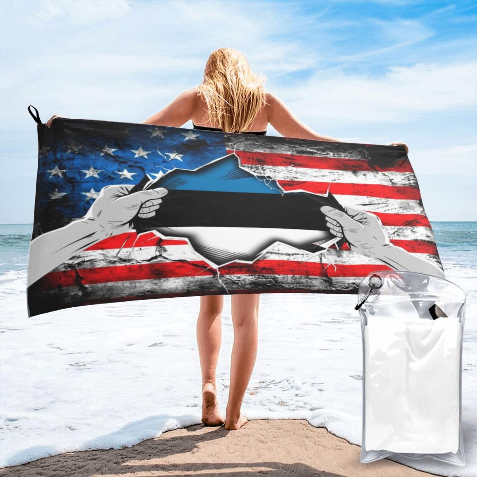 HACXZ American and Estonians Flag Vintage Beach Towel Lightweight Absorbent Beach Towel Microfiber 31.5"X63"
