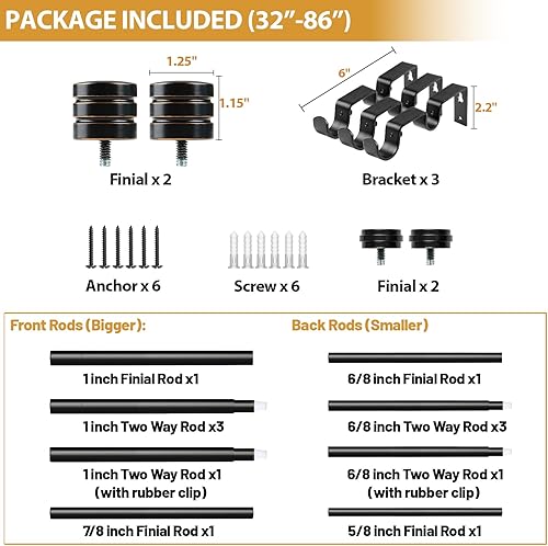 Miniatura 9 de TONIAL1 Barras de cortina dobles de 1 pulgada para ventanas de 48 a 84 pulgadas, barra de cortina decorativa resistente de 32 a 86 pulgadas con