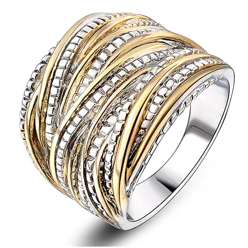 Mytys 2 Tone Intertwined Crossover Statement Ring Fashion Chunky Band Rings for Women Wide Index Finger Rings Costume Jewelry - Gold and silver - 10